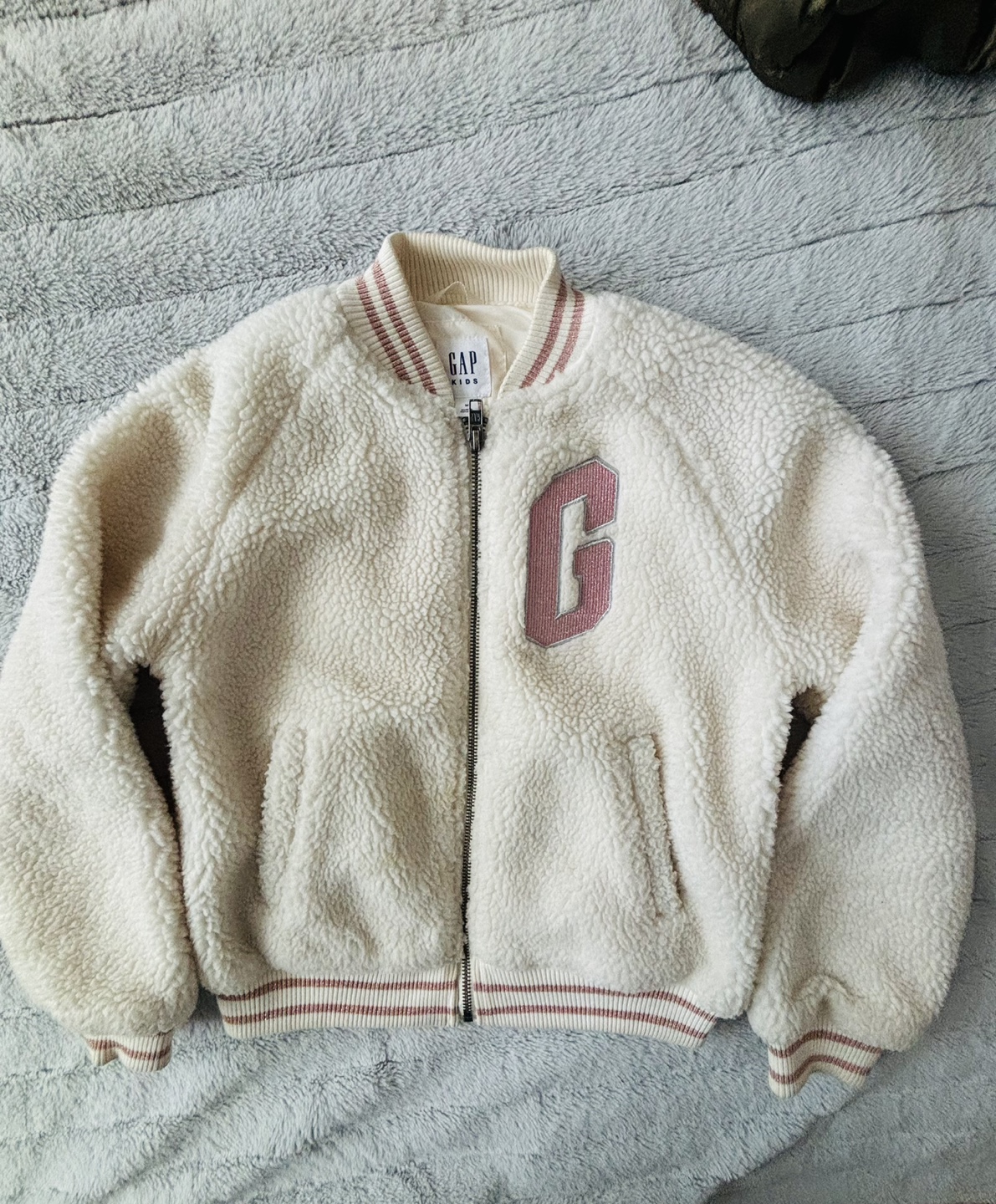 Gap Kids White Fuzzy Bomber Jacket Medium