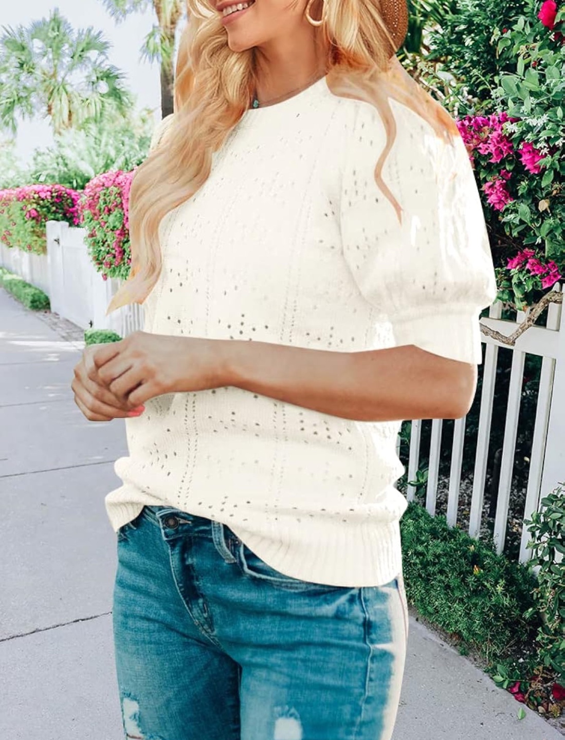 NEW! MEROKEETY Puff Sleeve Crew Neck Crochet Knit Top - photo 2