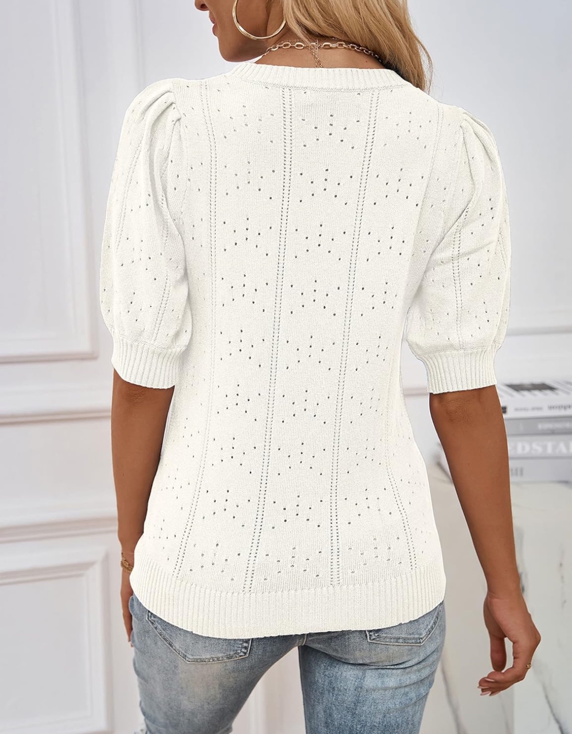 NEW! MEROKEETY Puff Sleeve Crew Neck Crochet Knit Top - photo 3