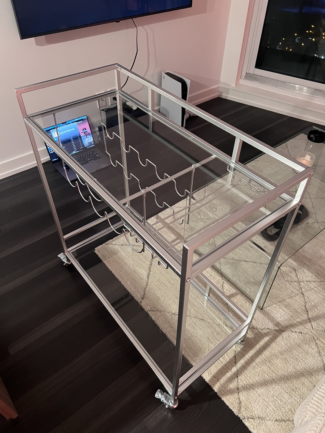 Silver Bar Cart with Wine Rack