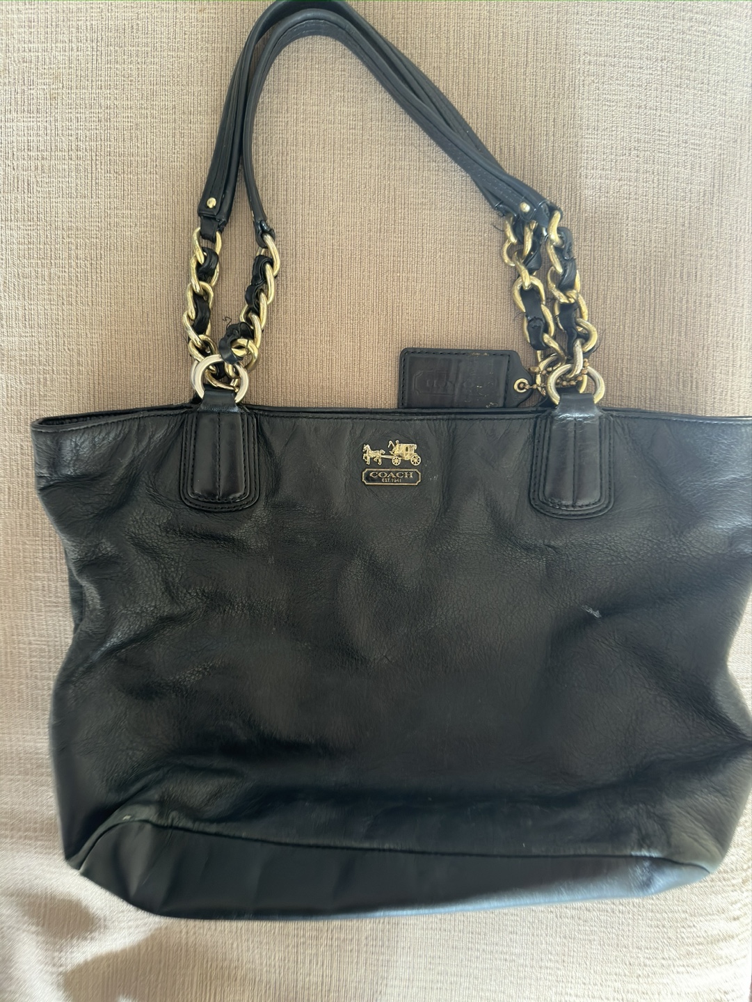Coach Leather Tote Bag with Gold Chain Strap
