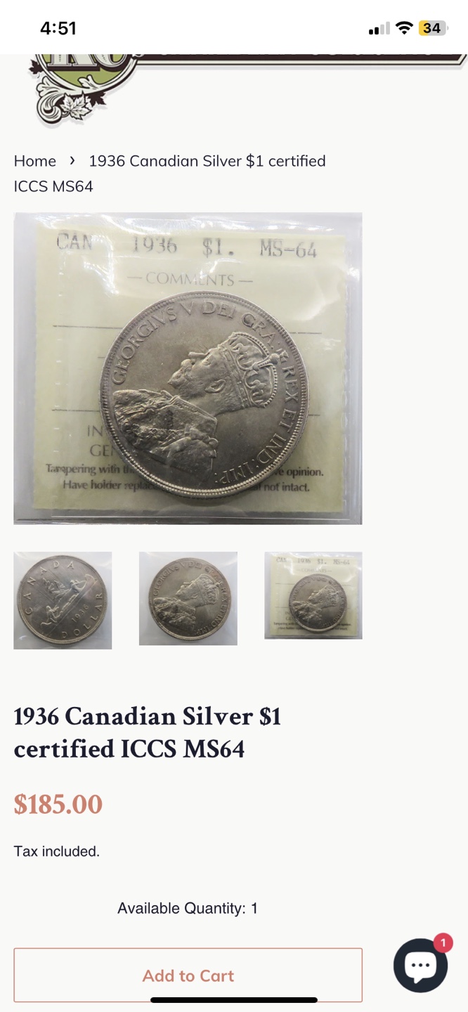 1936 Canadian Silver Dollar - Certified ICCS MS64 - photo 3