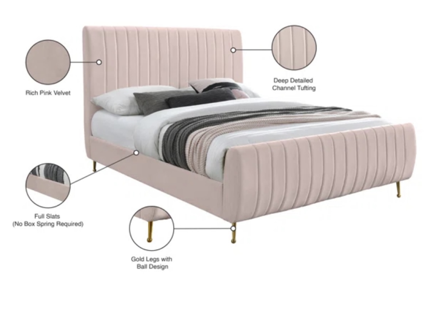 Upholstered Bed - Pink Velvet with Gold Legs - photo 5