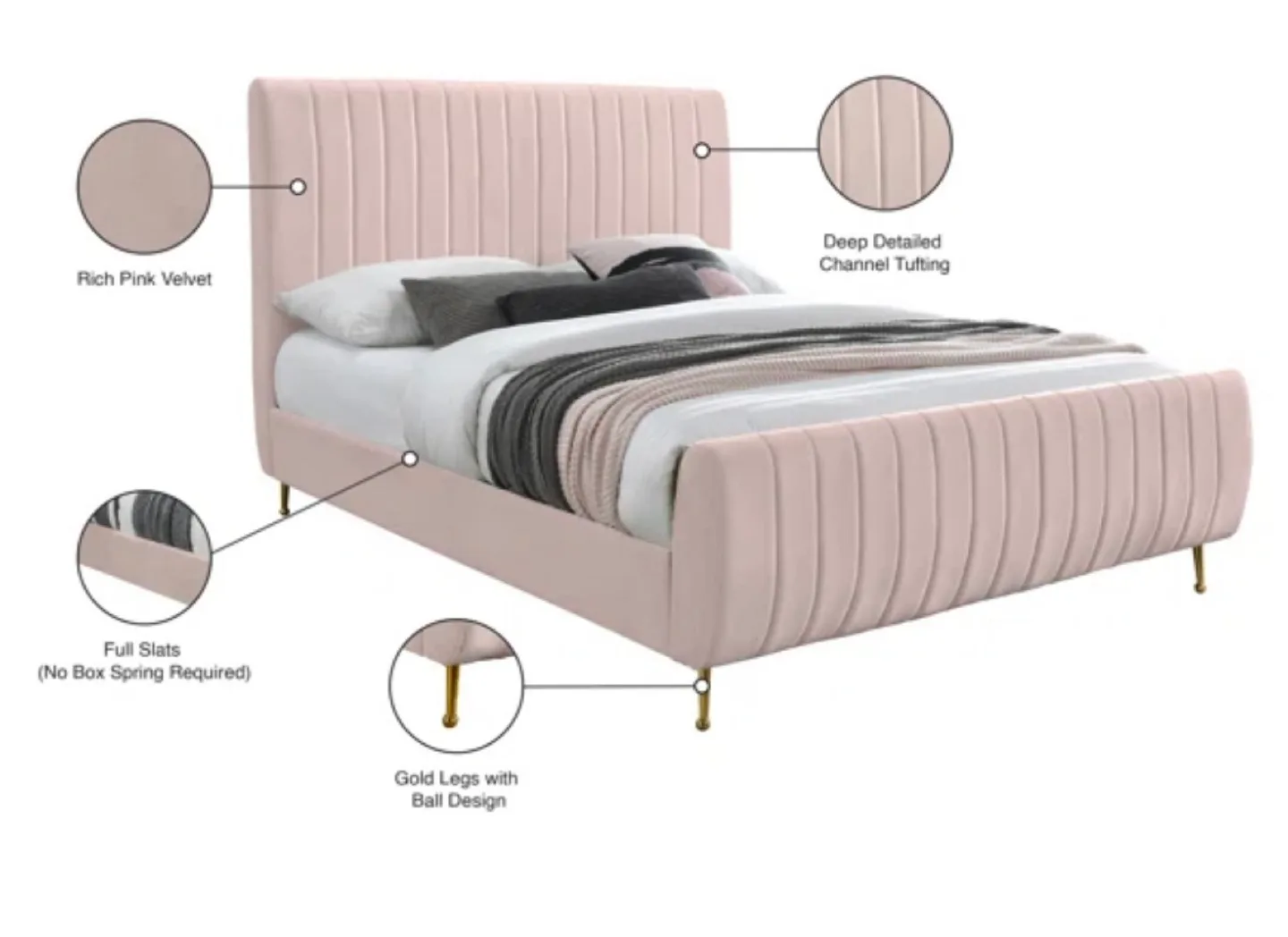 Upholstered Bed - Pink Velvet with Gold Legs image indicator(5)