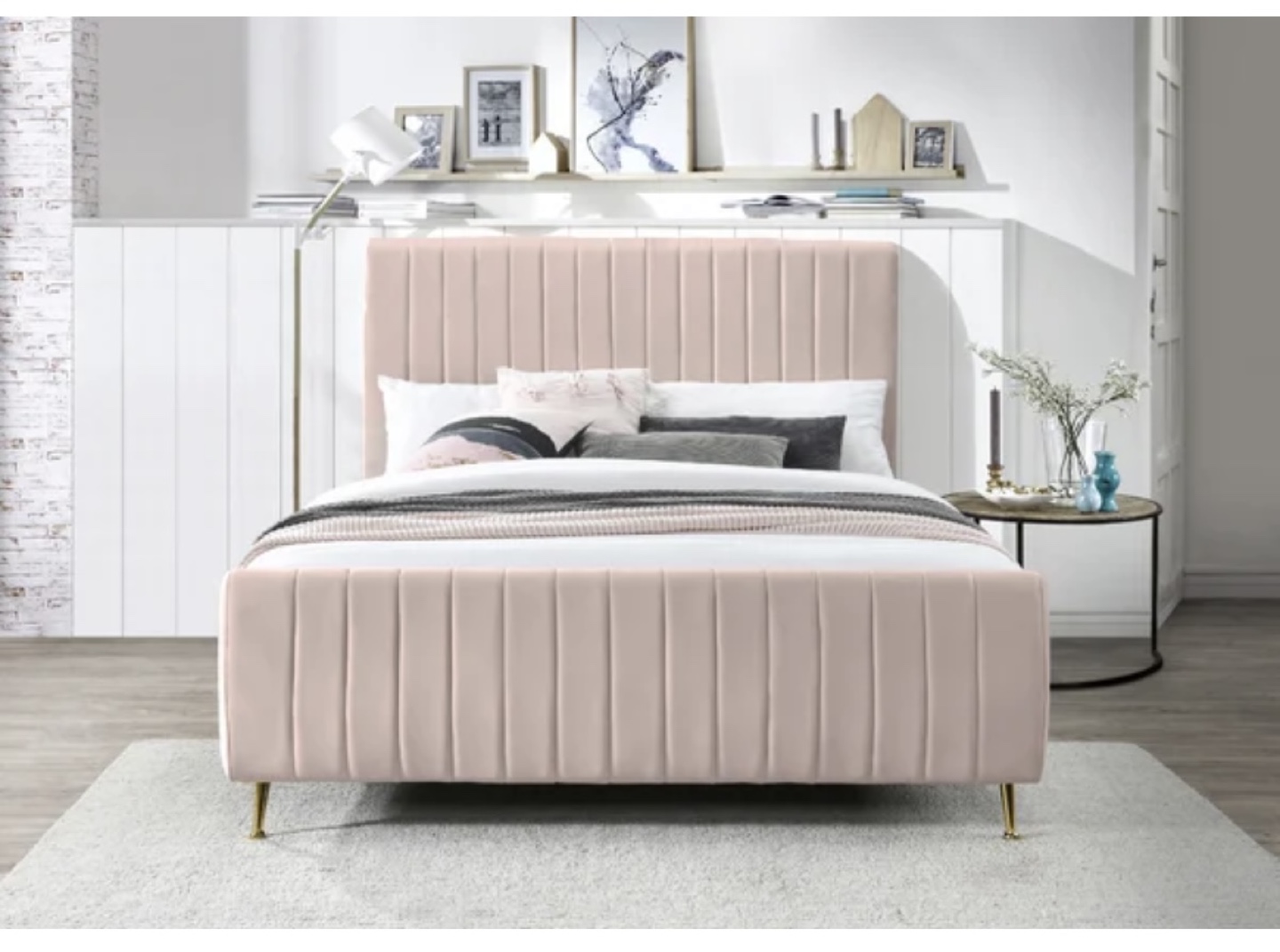 Upholstered Bed - Pink Velvet with Gold Legs - photo 2