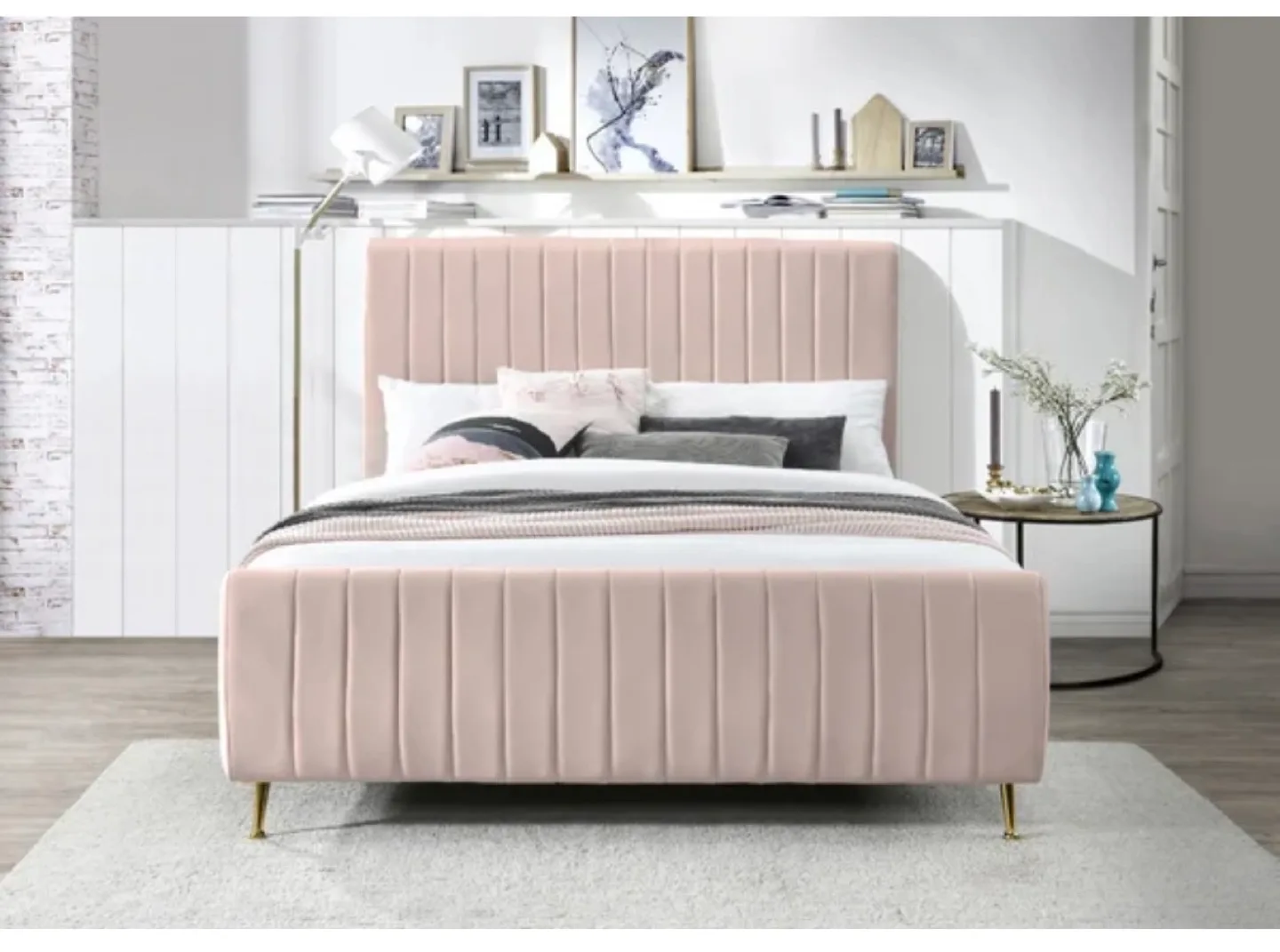Upholstered Bed - Pink Velvet with Gold Legs image indicator(2)