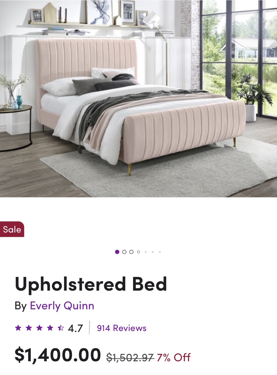 Upholstered Bed - Pink Velvet with Gold Legs
