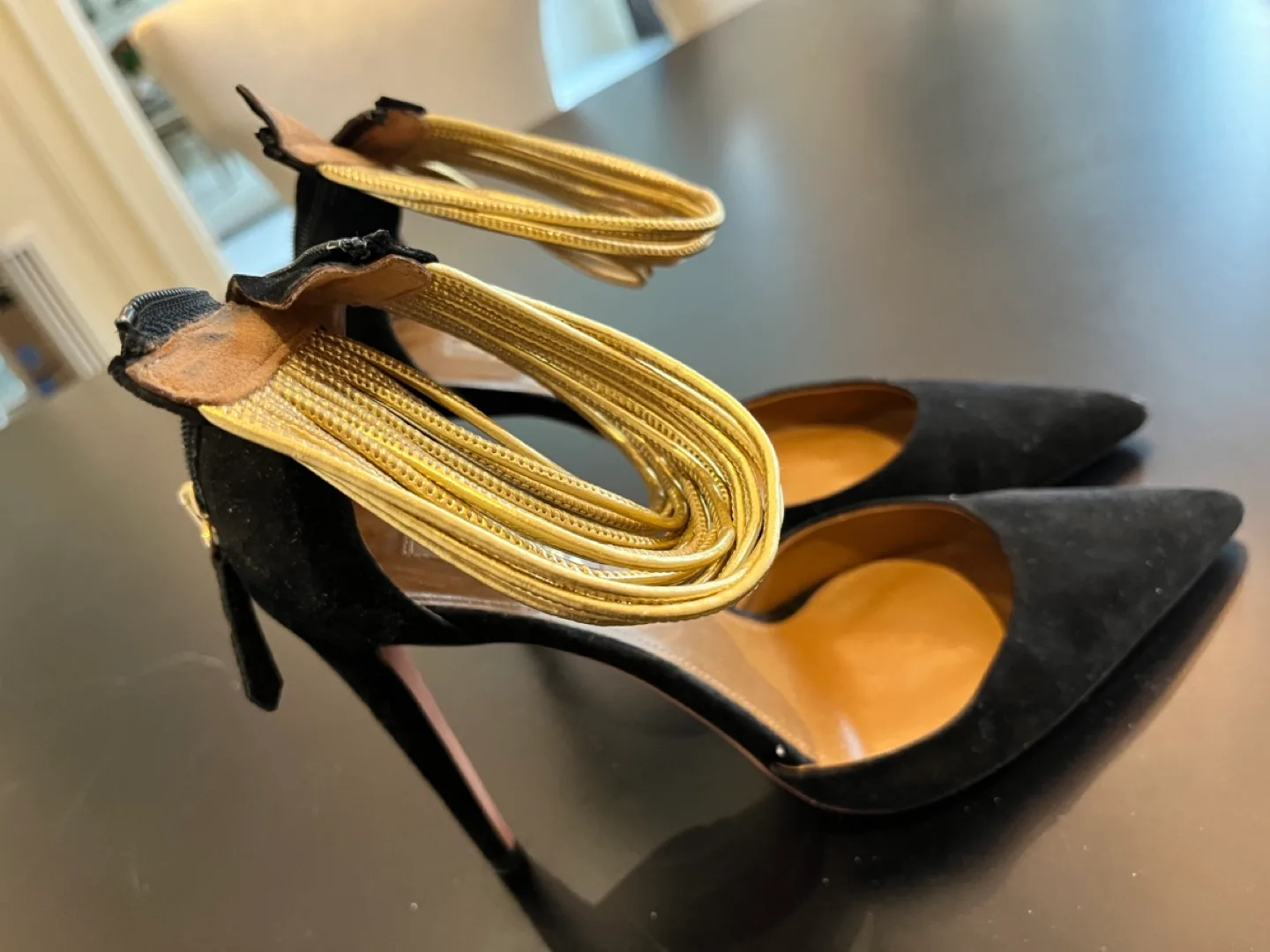 Aquazzura Black Suede Heels with Gold Chain Detail image indicator(2)