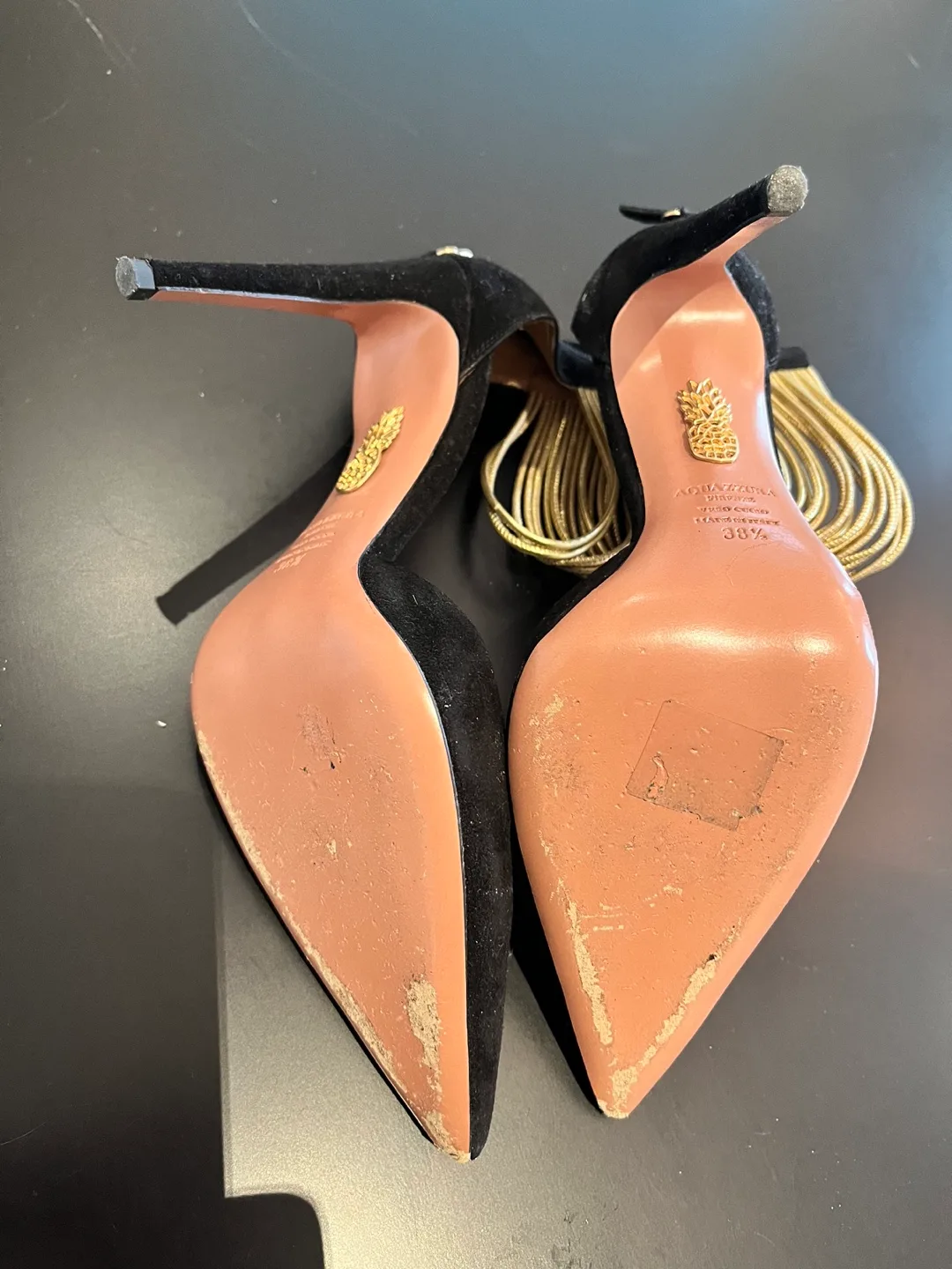 Aquazzura Black Suede Heels with Gold Chain Detail image indicator(3)