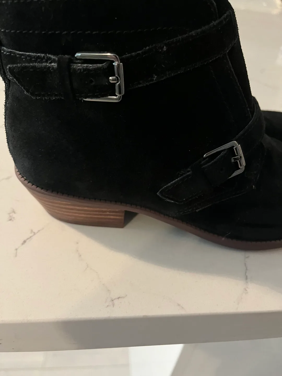 Franco Sarto Black Suede Buckle Booties image indicator(3)