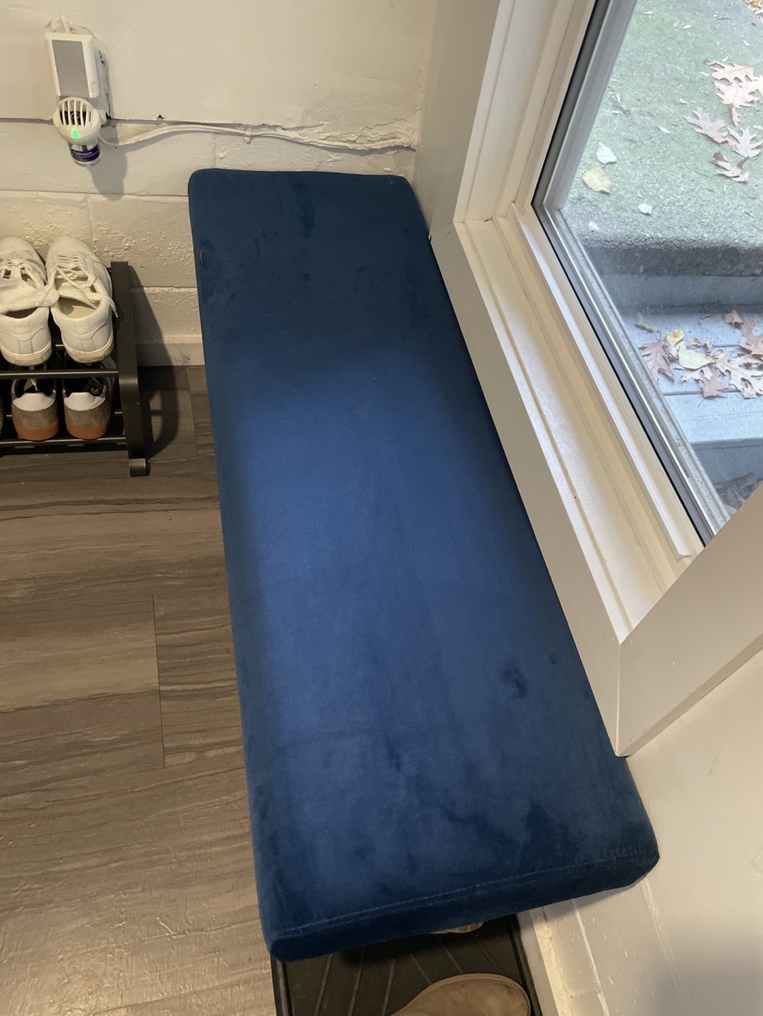 MOVING SALE: Blue Velvet Bench with Black Metal Legs - photo 3
