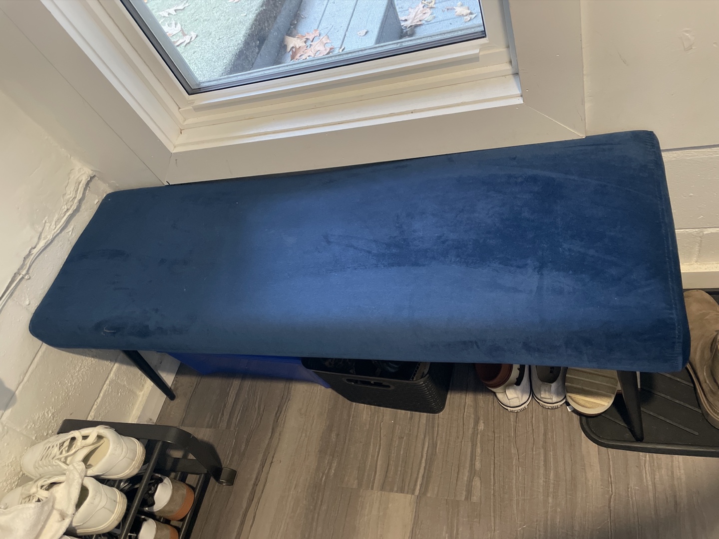 MOVING SALE: Blue Velvet Bench with Black Metal Legs - photo 2