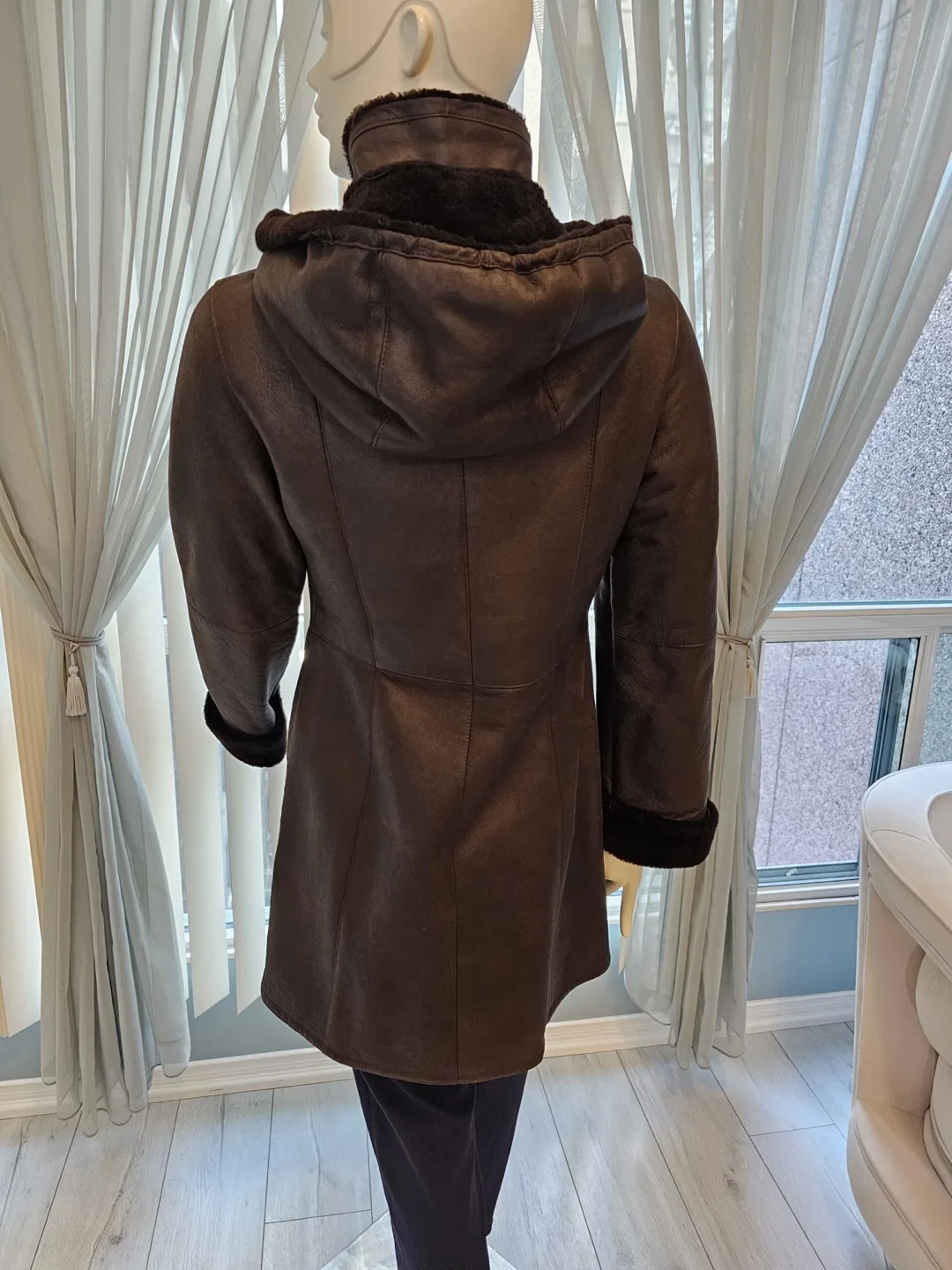 Brown Sheepskin Coat with Fur Hood image indicator(3)