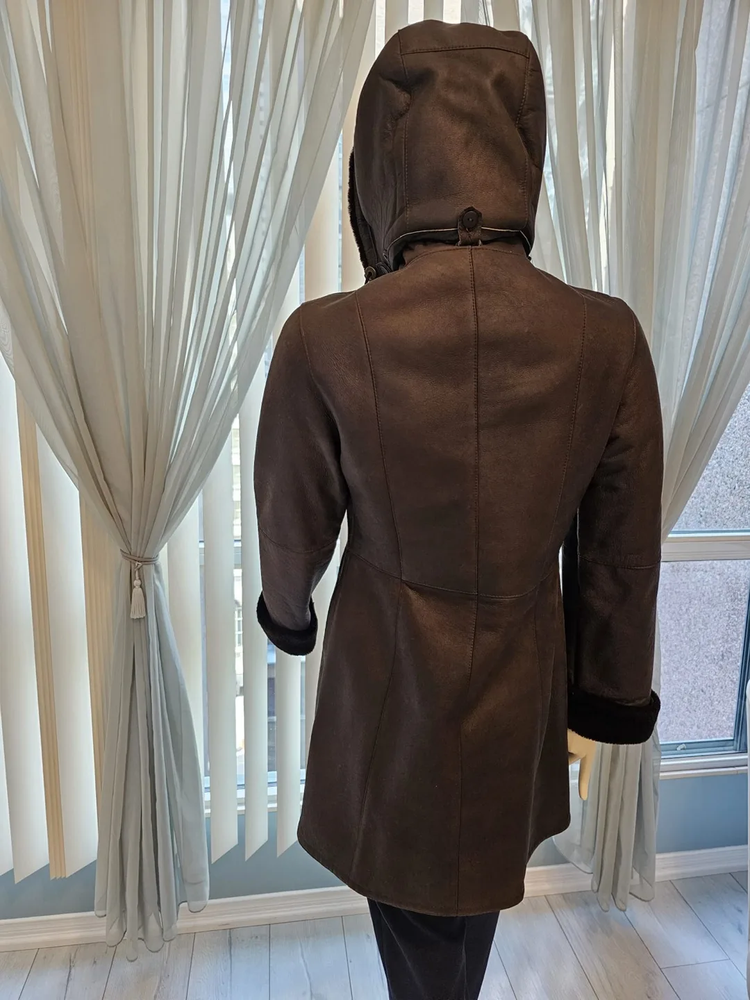 Brown Sheepskin Coat with Fur Hood image indicator(4)