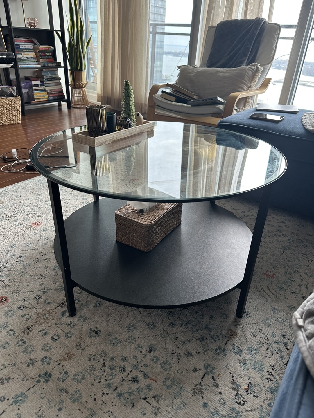 Round Glass Coffee Table with Shelf