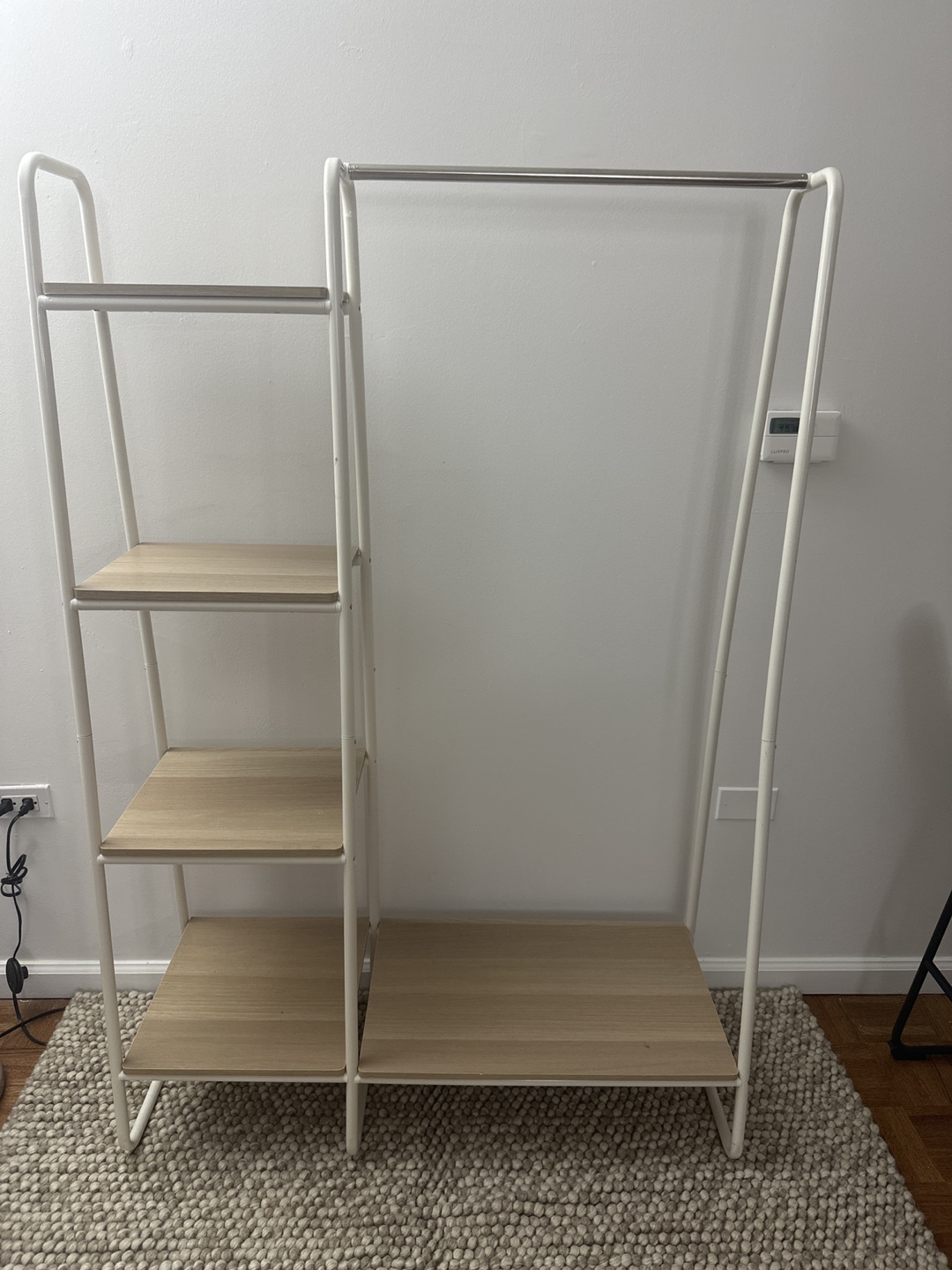Cream/White Metal Clothes Rack with white oak shelves