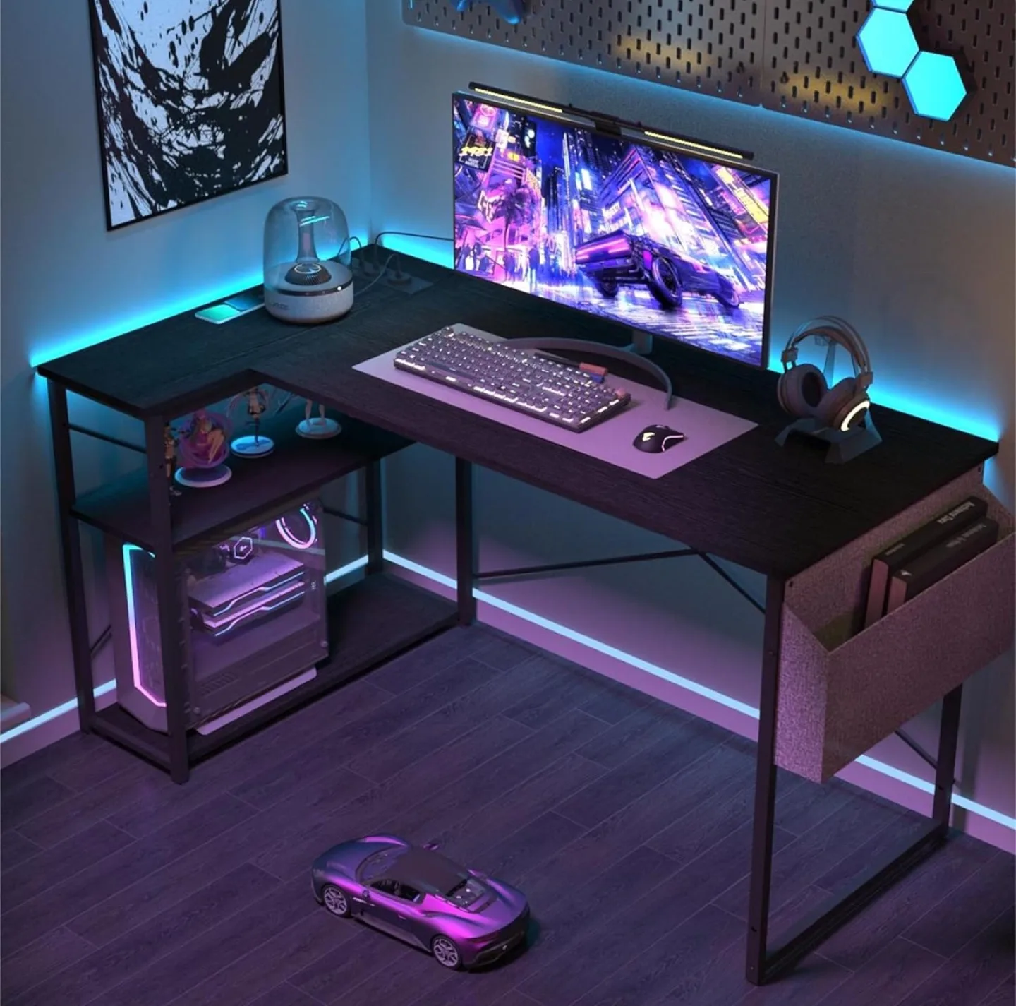 Computer Desk with Power Outlets, L Shaped  Reversible Shelves thumbnail