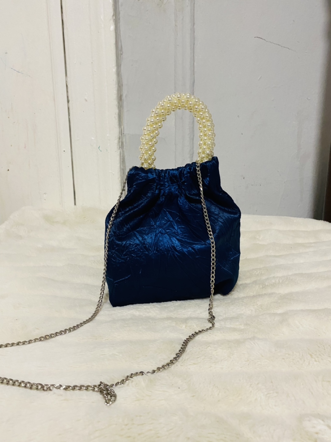 Zara Pearl Handle Magnetic Closure Crossbody Bag blue