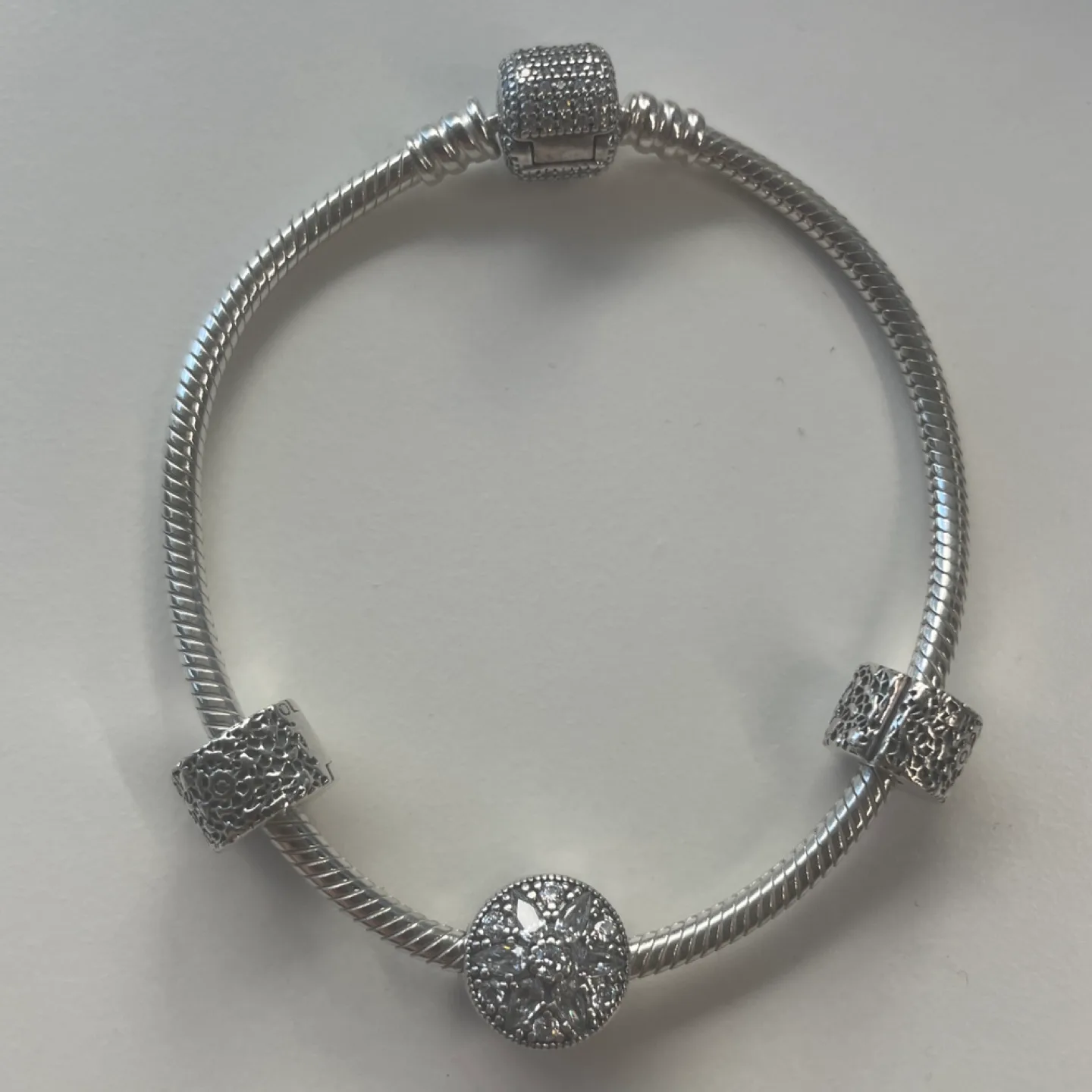 Pandora pave bracelet with 2 clips & 1 charm thumbnail