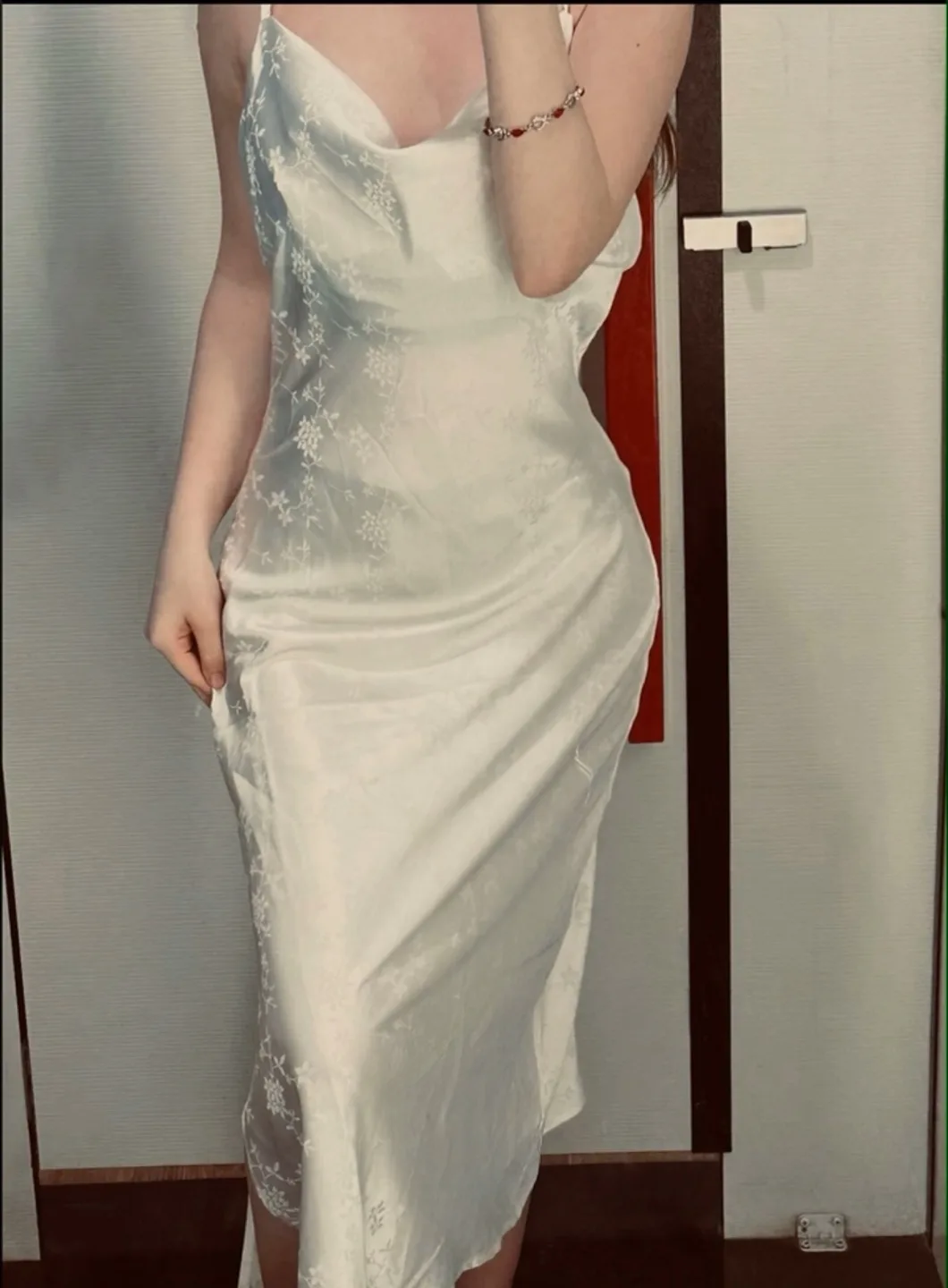 White Floral Satin Slip Dress thumbnail