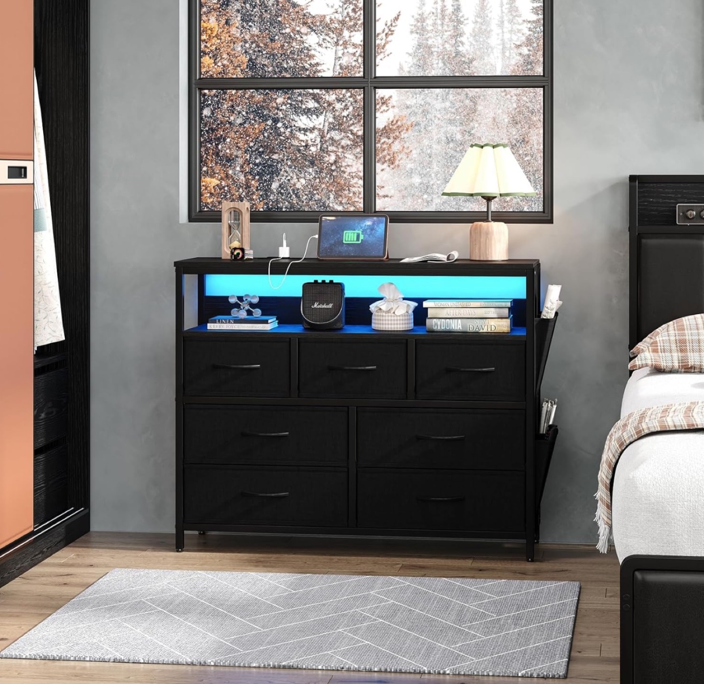 Black 7 Drawer Dresser with Shelf and LED Lights