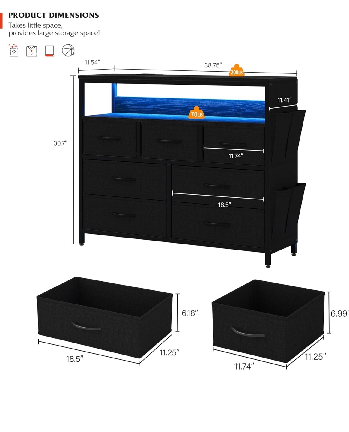 Black 7 Drawer Dresser with Shelf and LED Lights - photo 2
