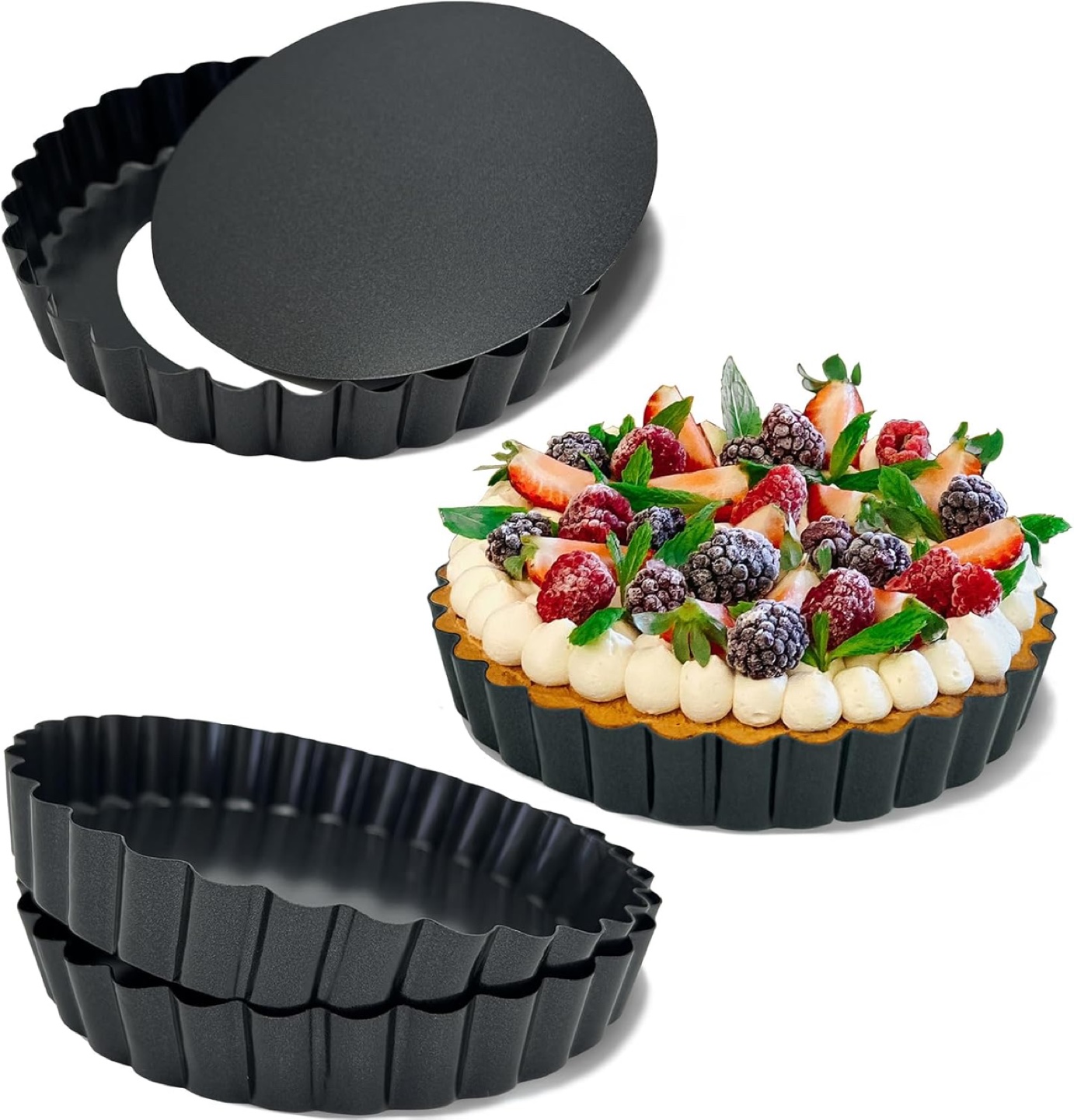 4 Piece Tart Pan Set Removable Bottom, Non-Stick, Carbon Steel