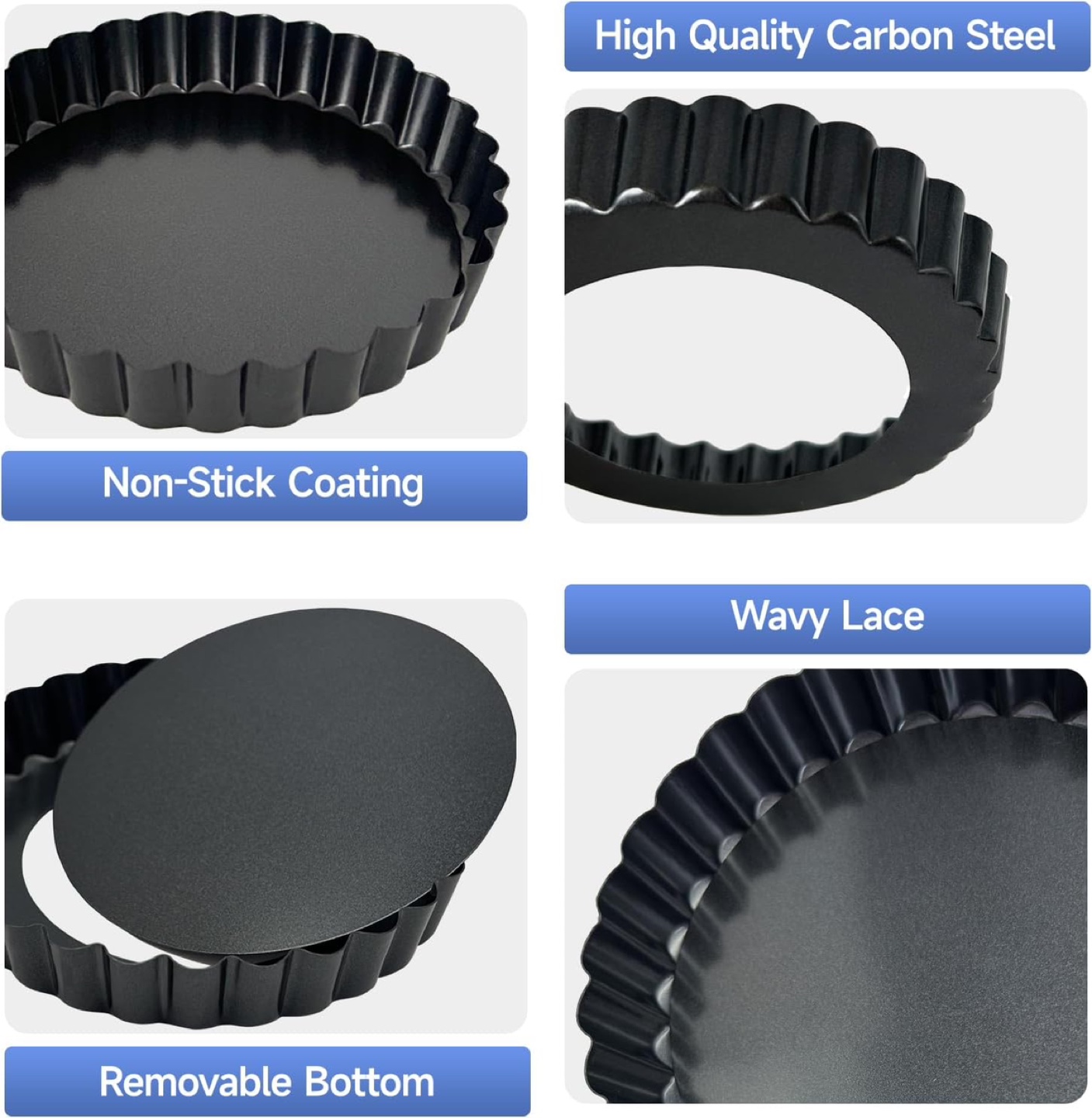 4 Piece Tart Pan Set Removable Bottom, Non-Stick, Carbon Steel - photo 2
