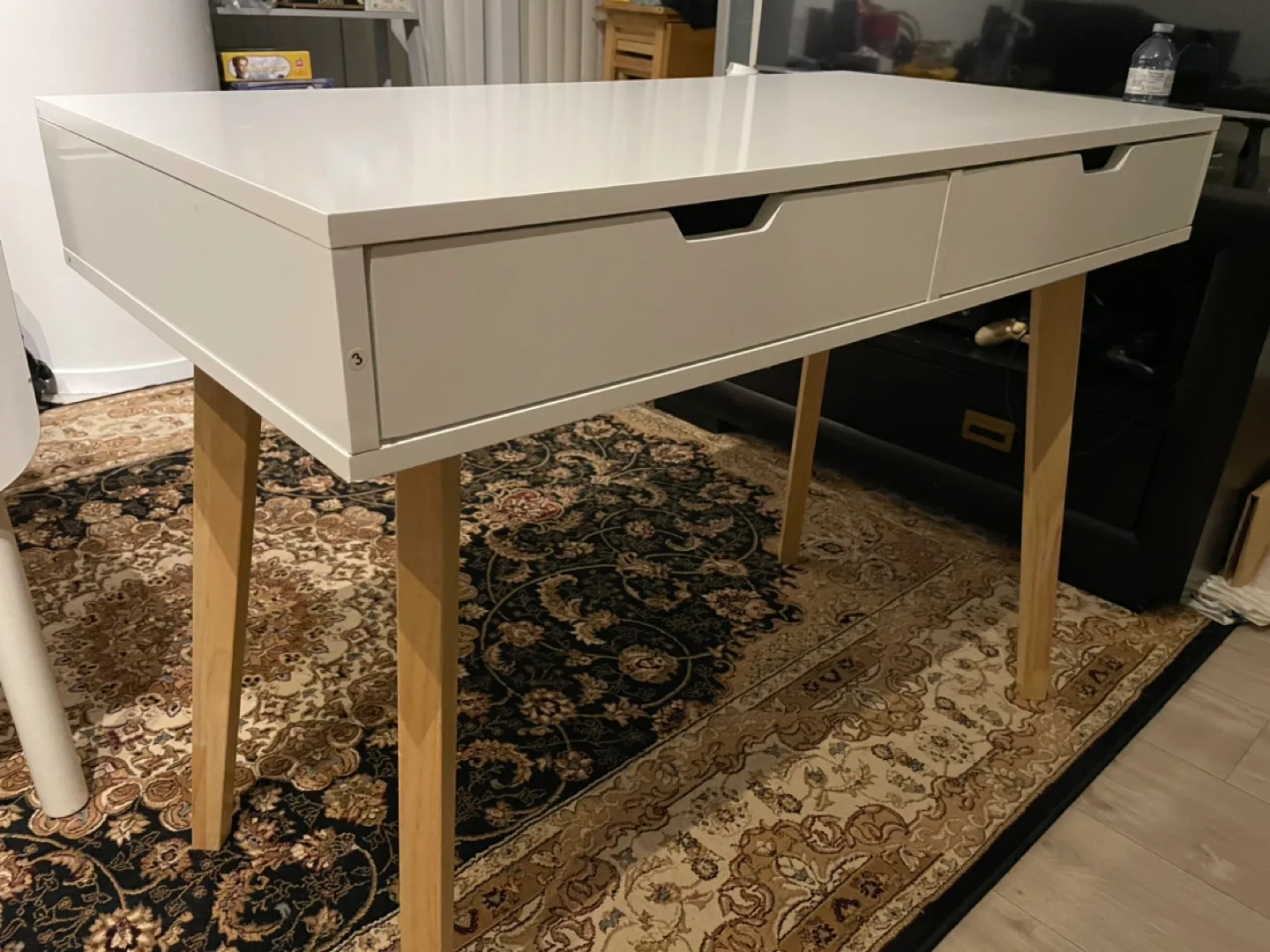 White Desk with Two Drawers and Wooden Legs thumbnail