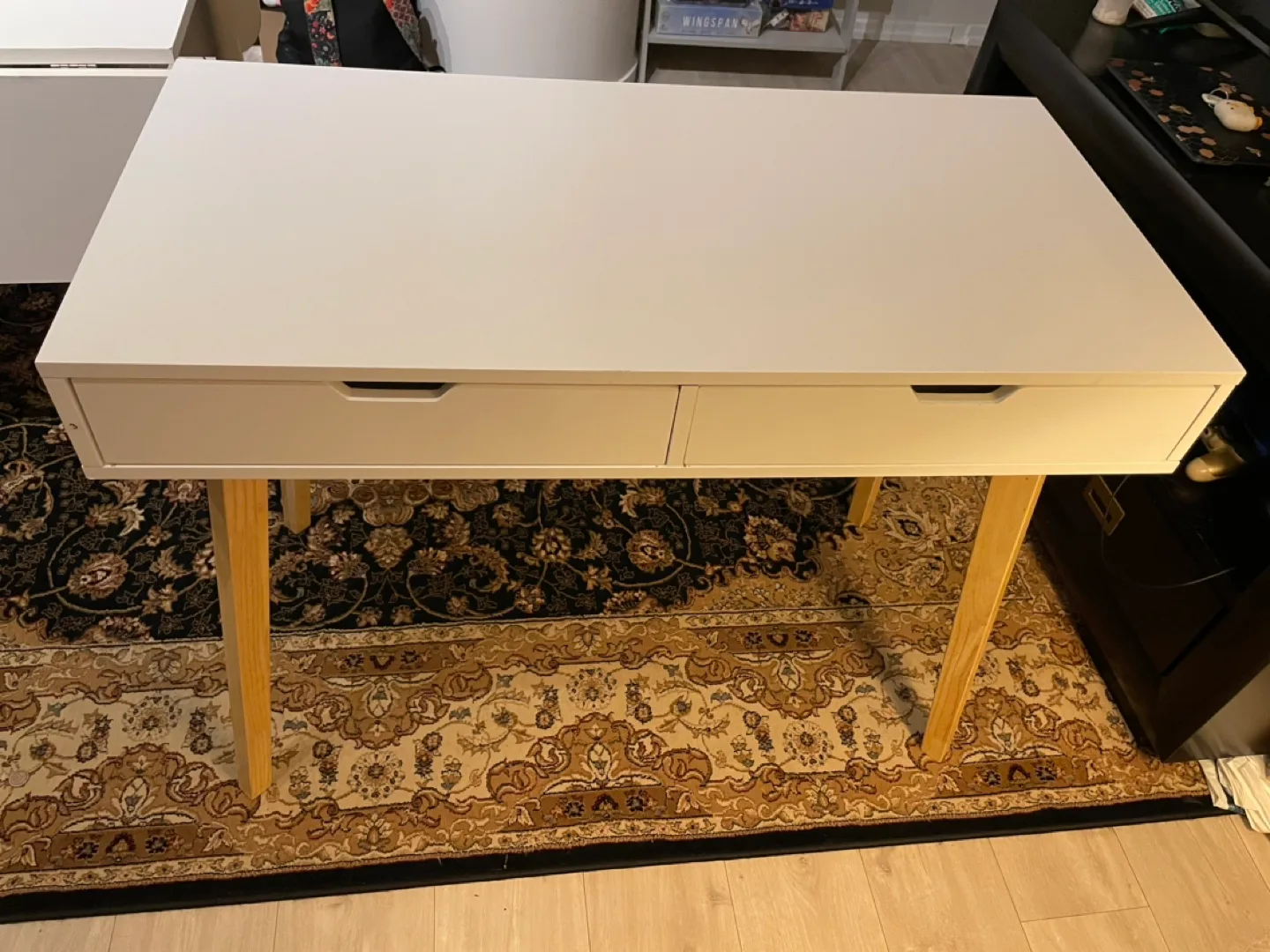 White Desk with Two Drawers and Wooden Legs image indicator(3)