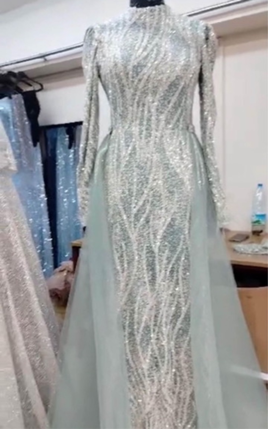 Mint Green Sequin Long Sleeve Evening Gown
