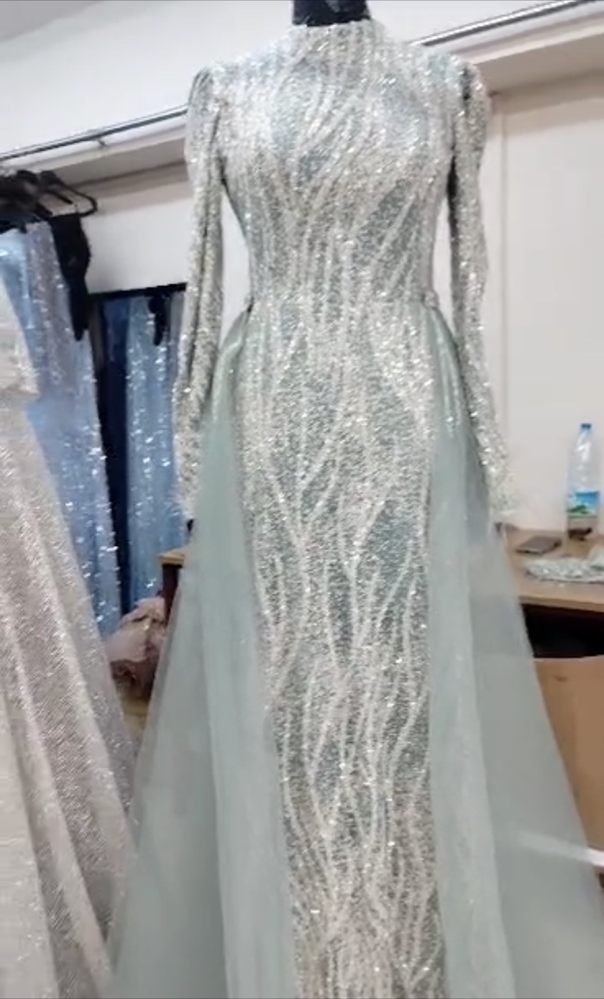 Mint Green Sequin Long Sleeve Evening Gown - photo 4