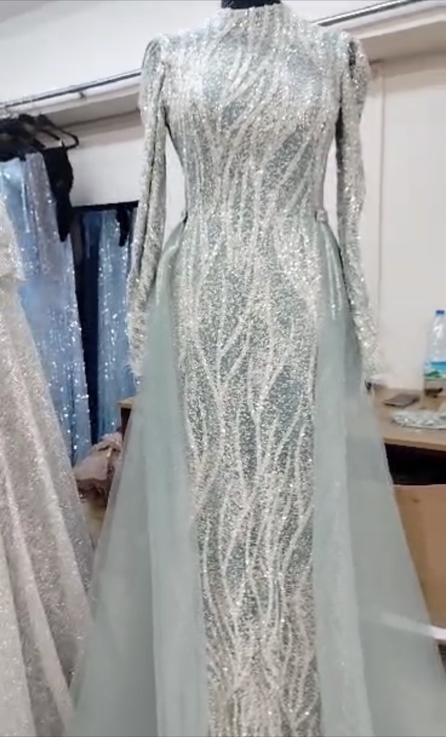 Mint Green Sequin Long Sleeve Evening Gown - photo 2