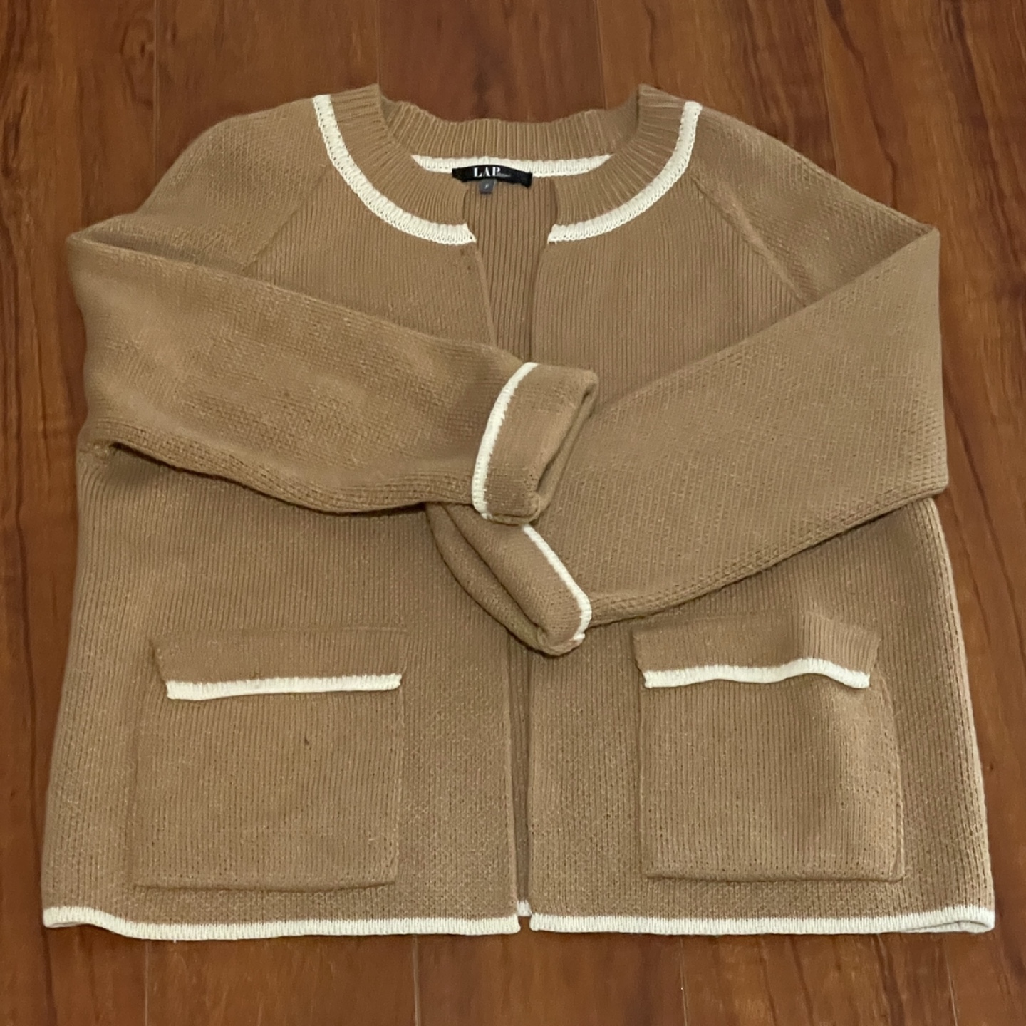 Brown Knit Cardigan with White Trim