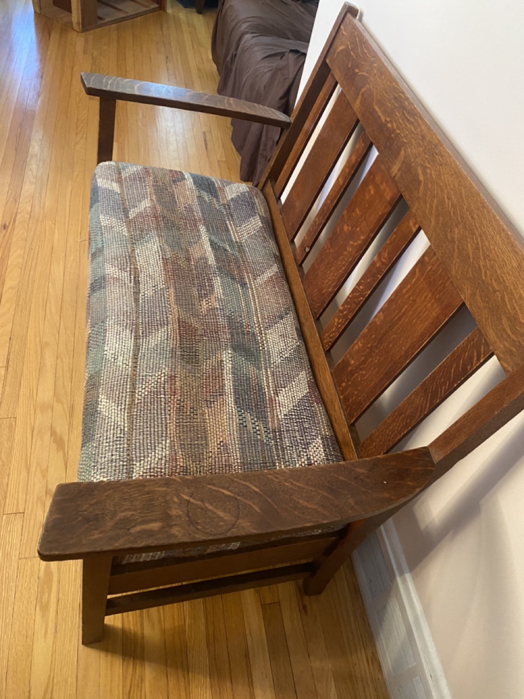 - old fashion wooden bench with tight weave fabric - - photo 3