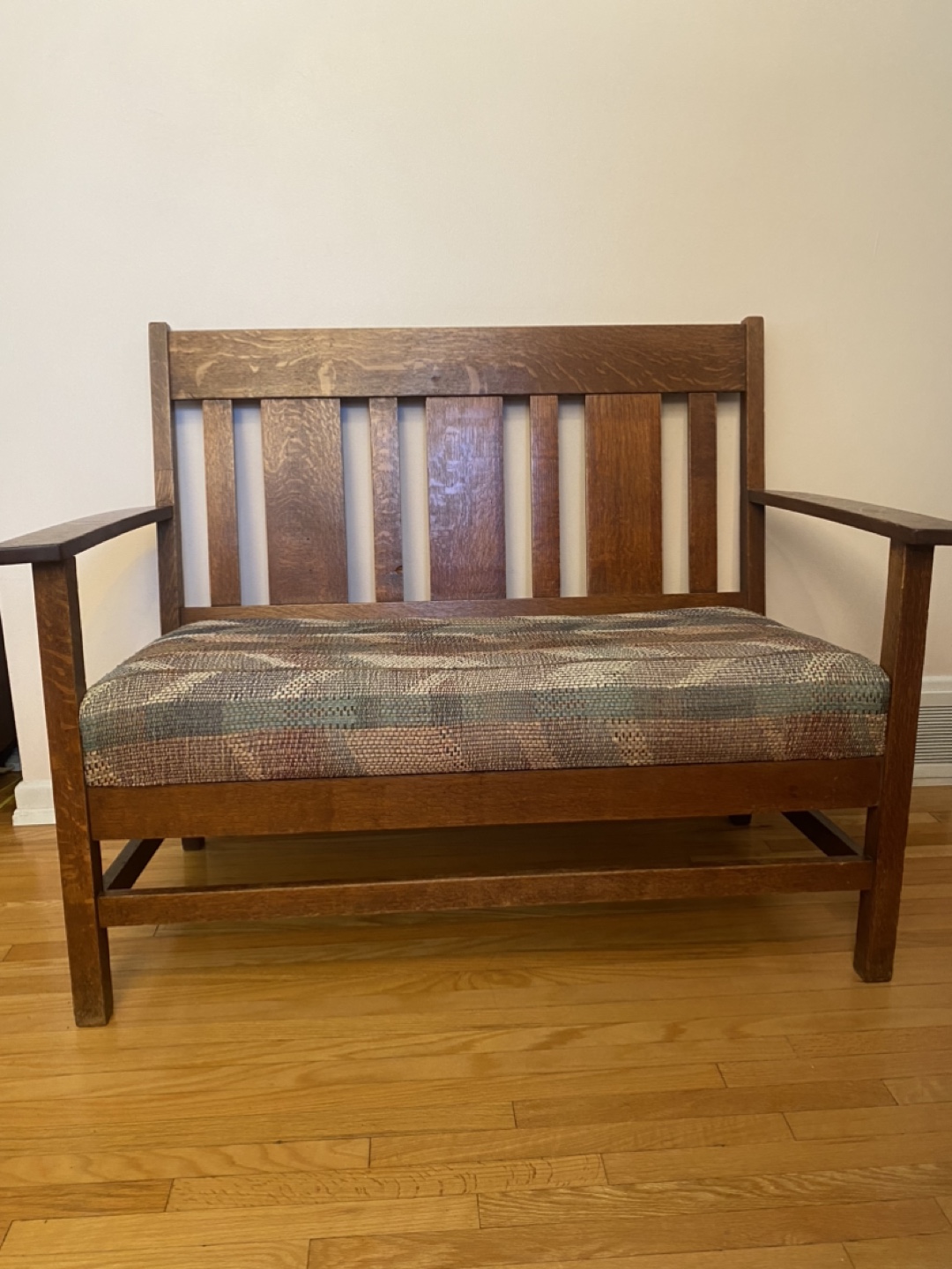 - old fashion wooden bench with tight weave fabric - - photo 4