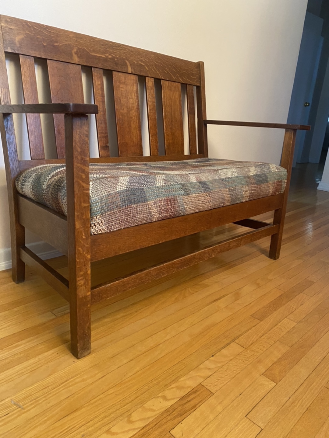 - old fashion wooden bench with tight weave fabric - - photo 2