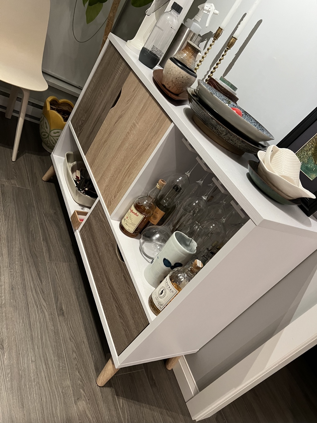 White and wood bar cabinet from Wayfair