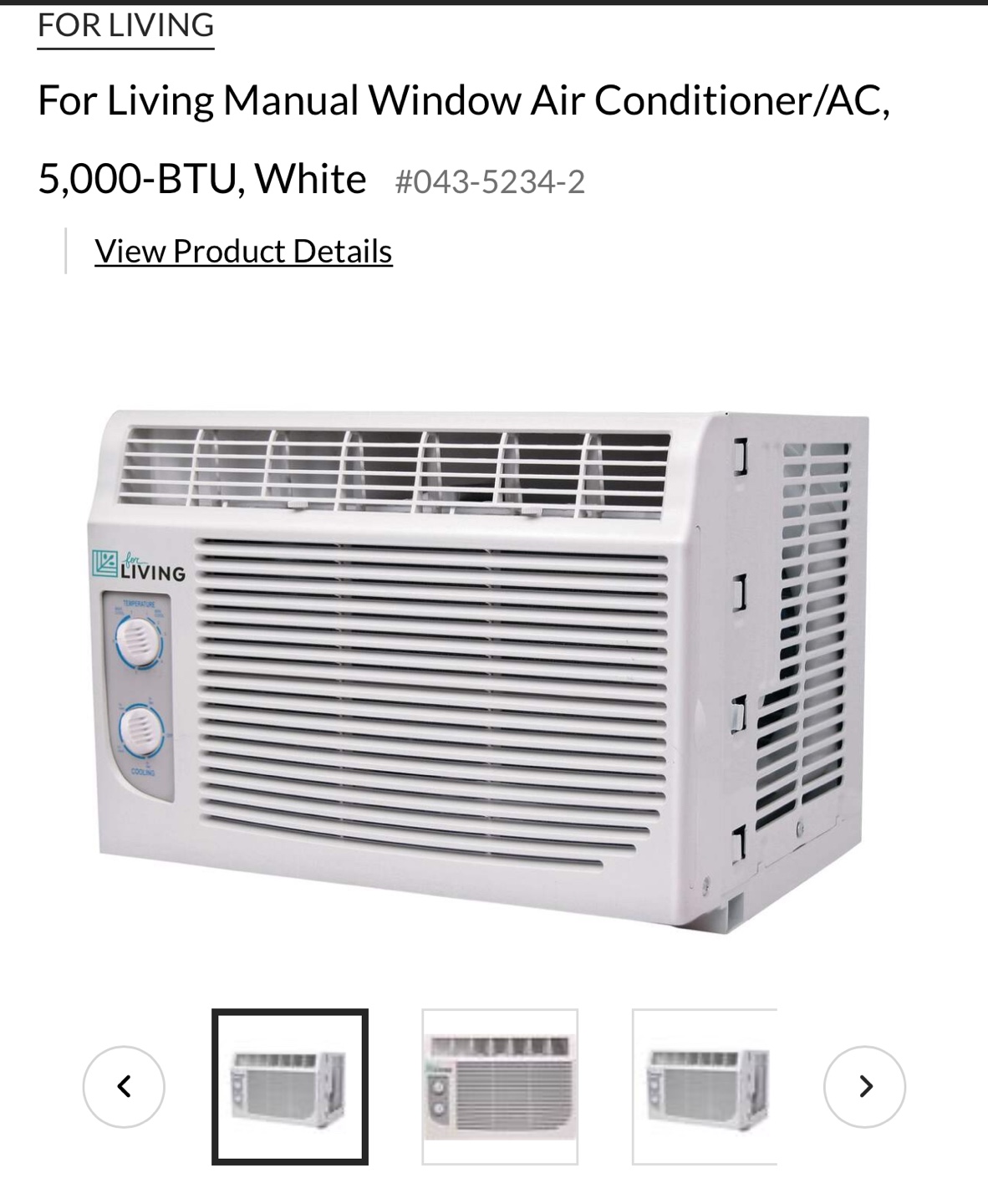 For Living Manual Window Air Conditioner 5000 BTU White