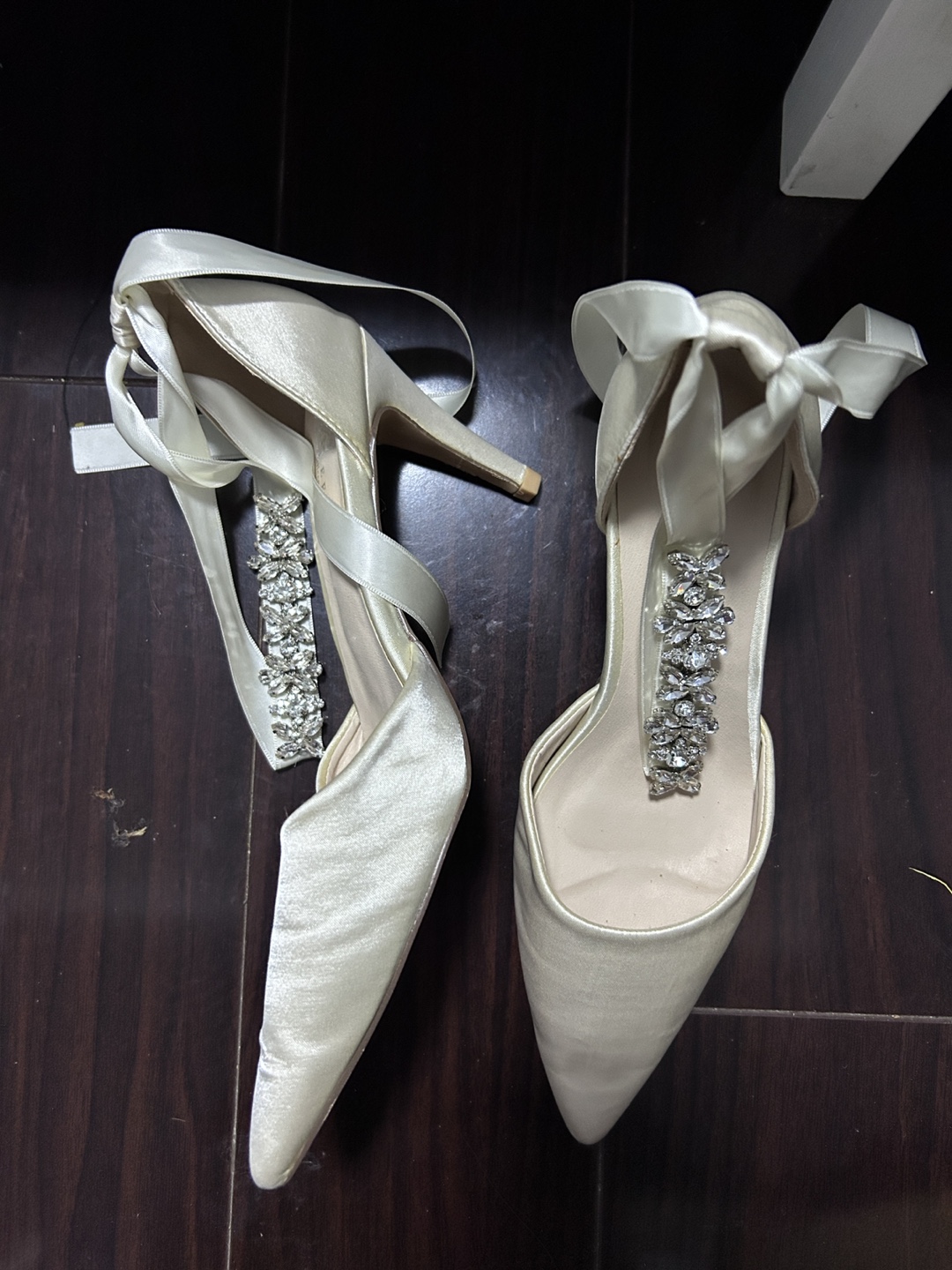 White Satin Heels with Rhinestone Detail - photo 2