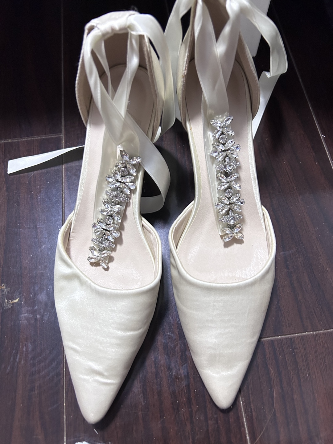 White Satin Heels with Rhinestone Detail