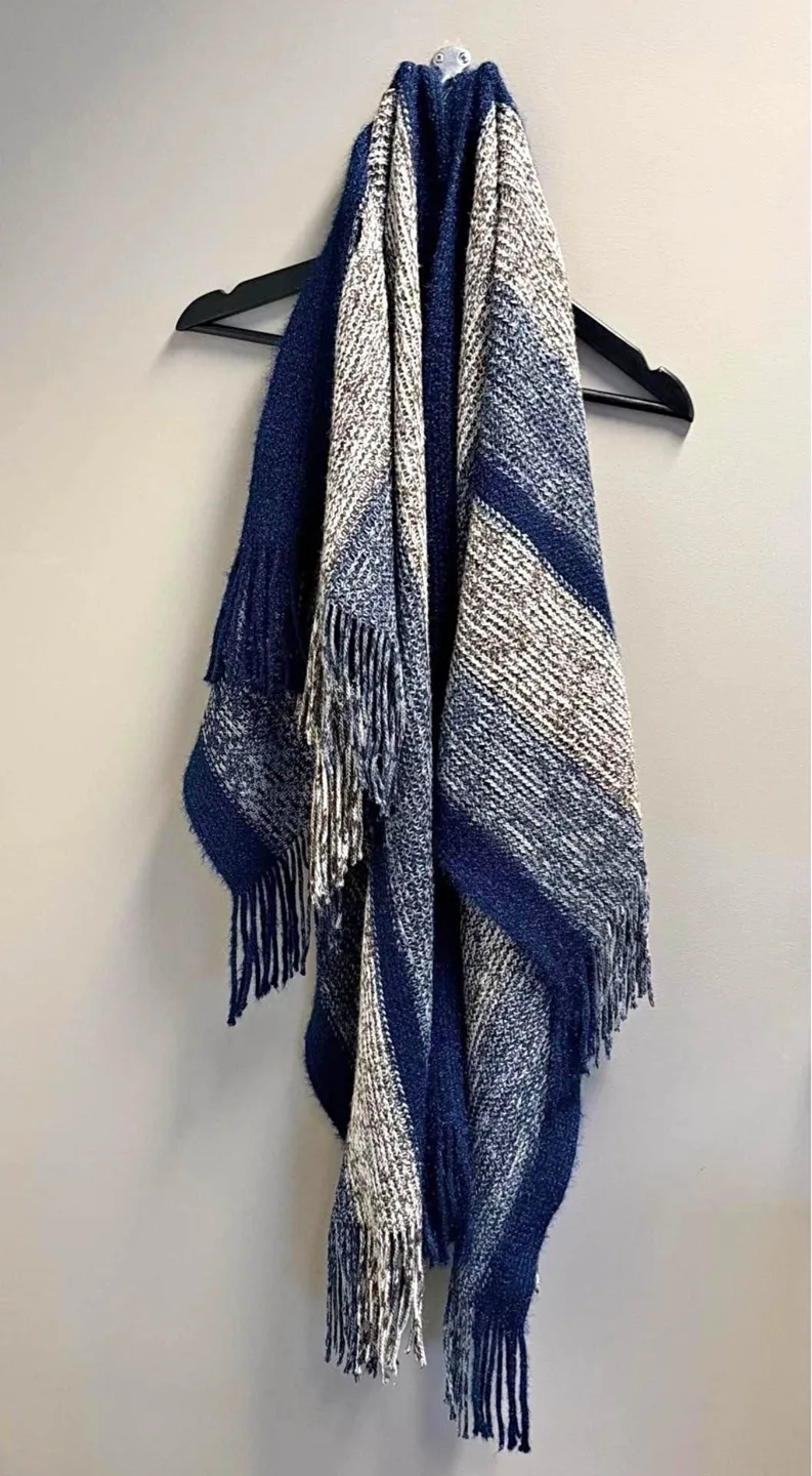 Blue and White Striped Poncho with Fringes thumbnail