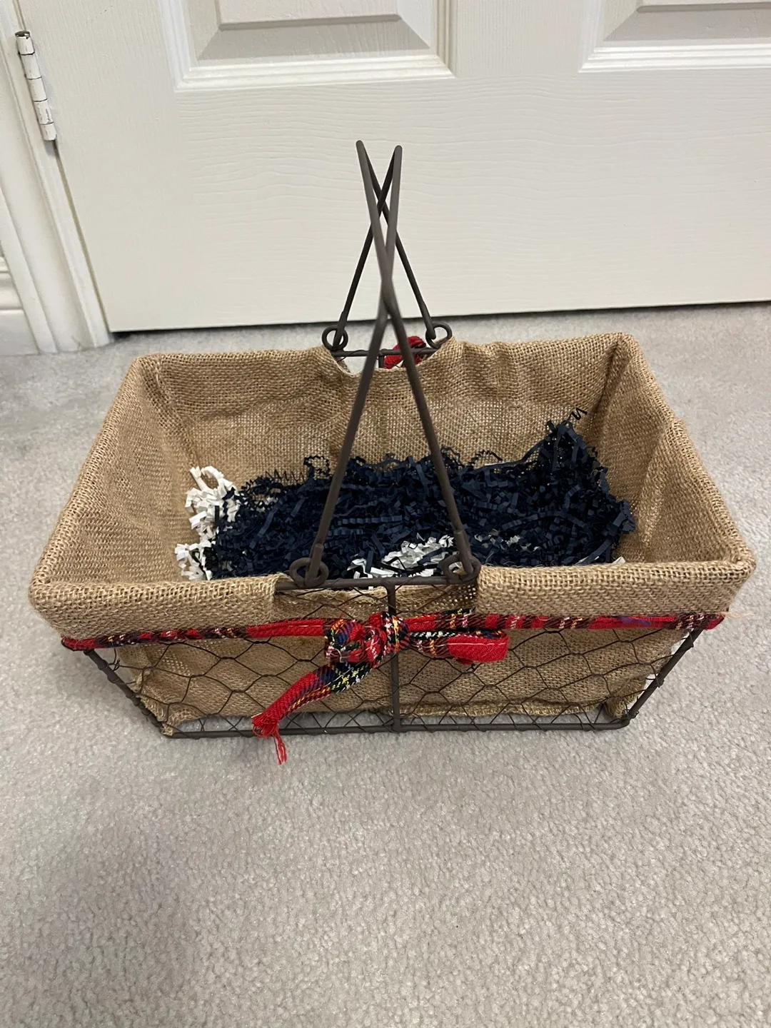 Wire Basket with Burlap Liner and Plaid Bow image indicator(2)