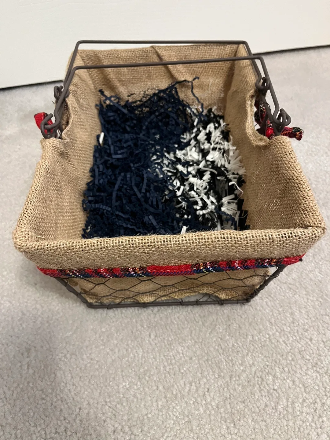 Wire Basket with Burlap Liner and Plaid Bow image indicator(3)