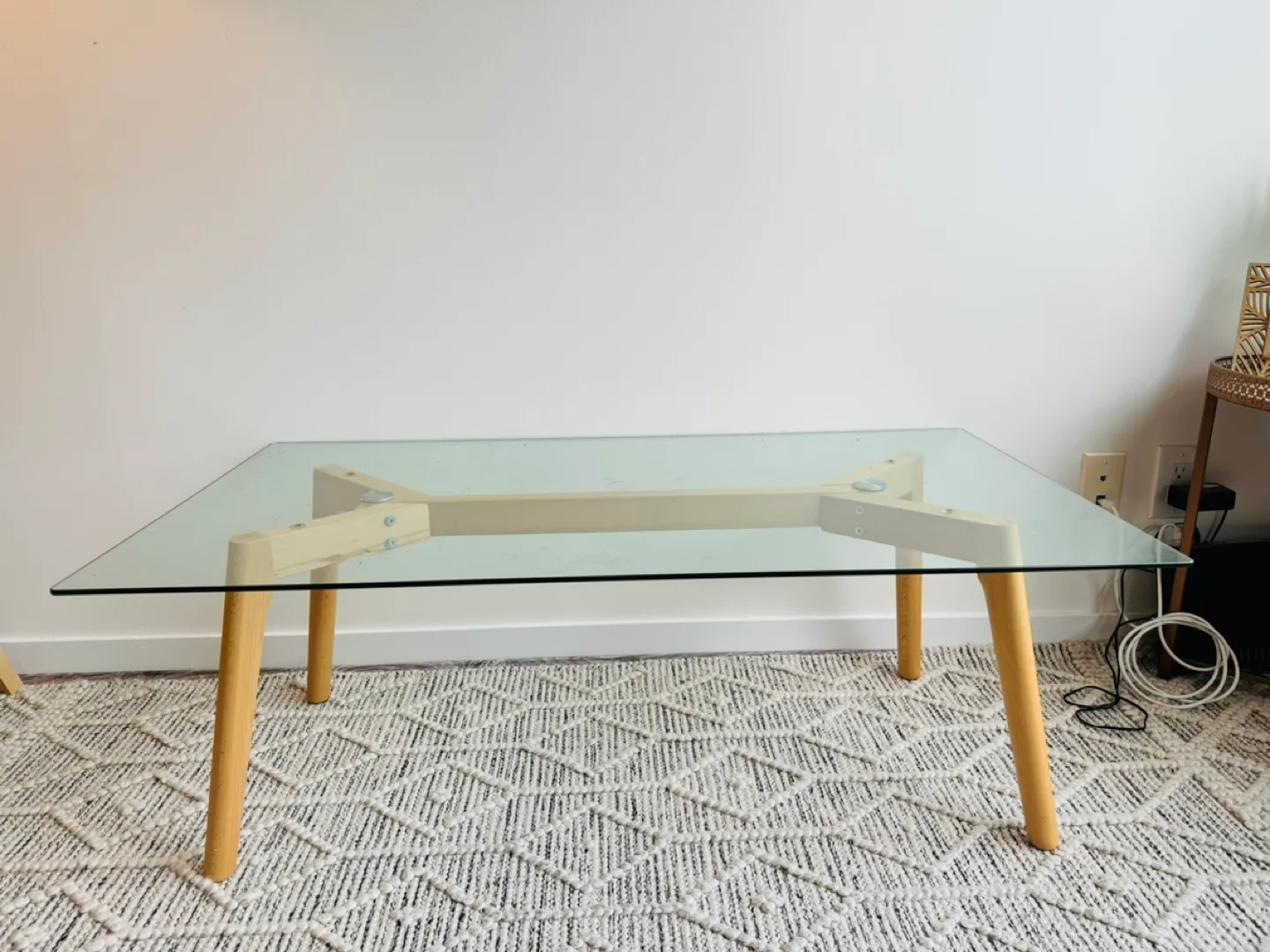 Minimalist Glass Coffee Table with Cedar Legs image indicator(5)