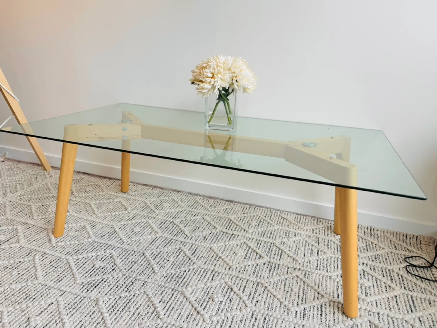 Minimalist Glass Coffee Table with Cedar Legs image indicator(2)