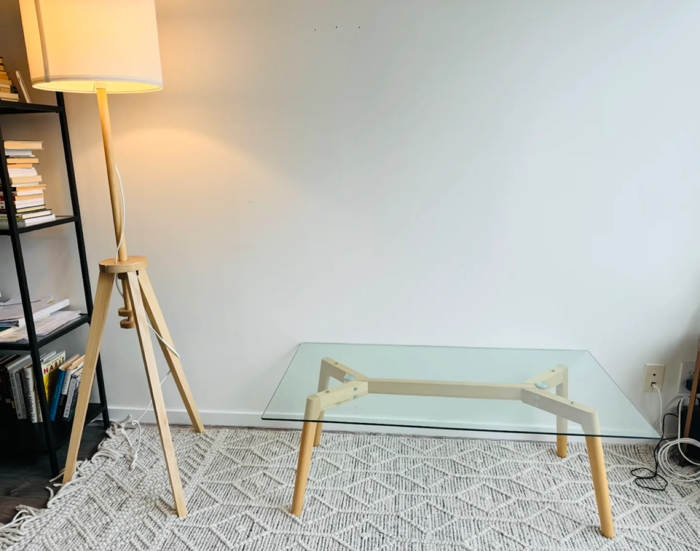 Minimalist Glass Coffee Table with Cedar Legs image indicator(6)