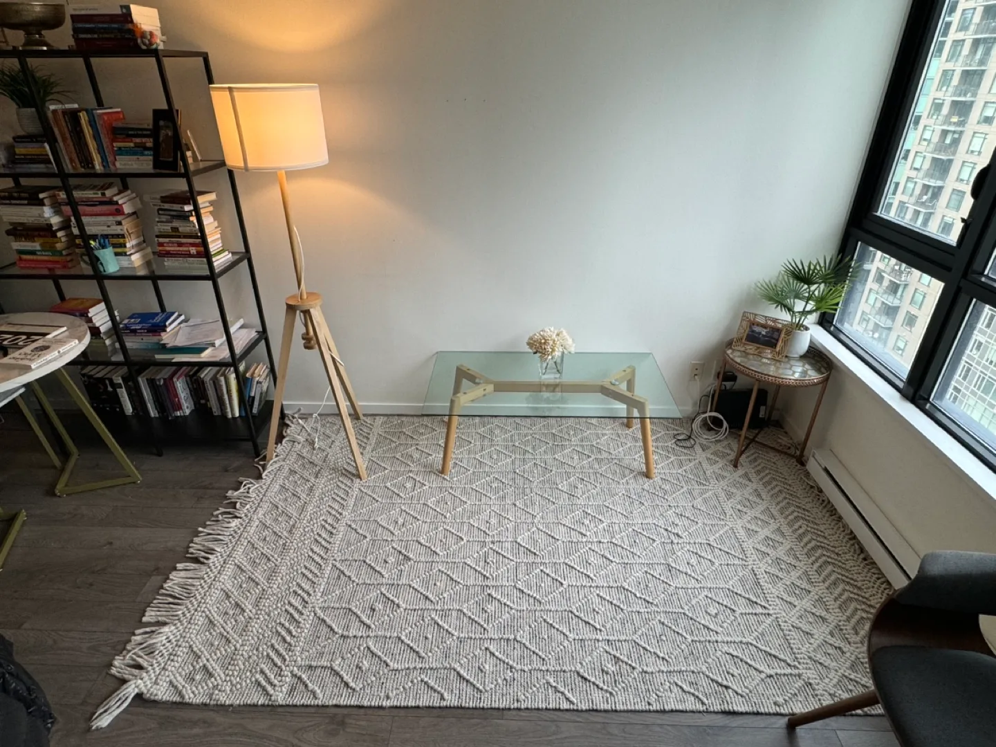 Minimalist Glass Coffee Table with Cedar Legs image indicator(9)