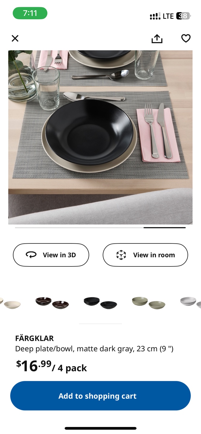 IKEA FÄRGKLAR Deep Plates/Bowls Matte Dark Gray 23cm