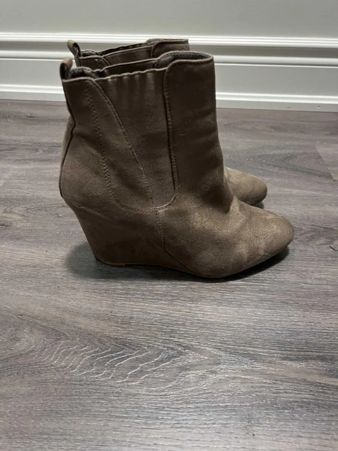 Suede Tan High Heel Wedge Booties (Size 9) thumbnail